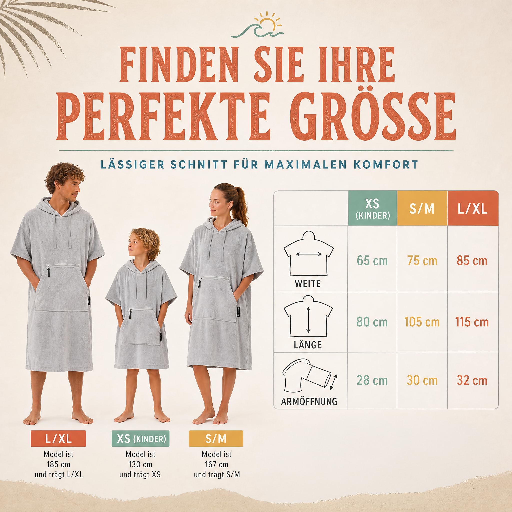 Strandponcho für Damen, Herren & Kinder – Badeponcho aus 100% Baumwolle, Surfponcho zum Umziehen mit Kapuze & Tasche für Strand, Sauna & Pool, Hellgrau, S/M