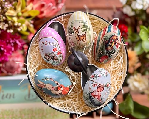 Miniatura 5 de Bärli - Juego de 10 huevos de Pascua de lata vintage, reutilizables, de metal