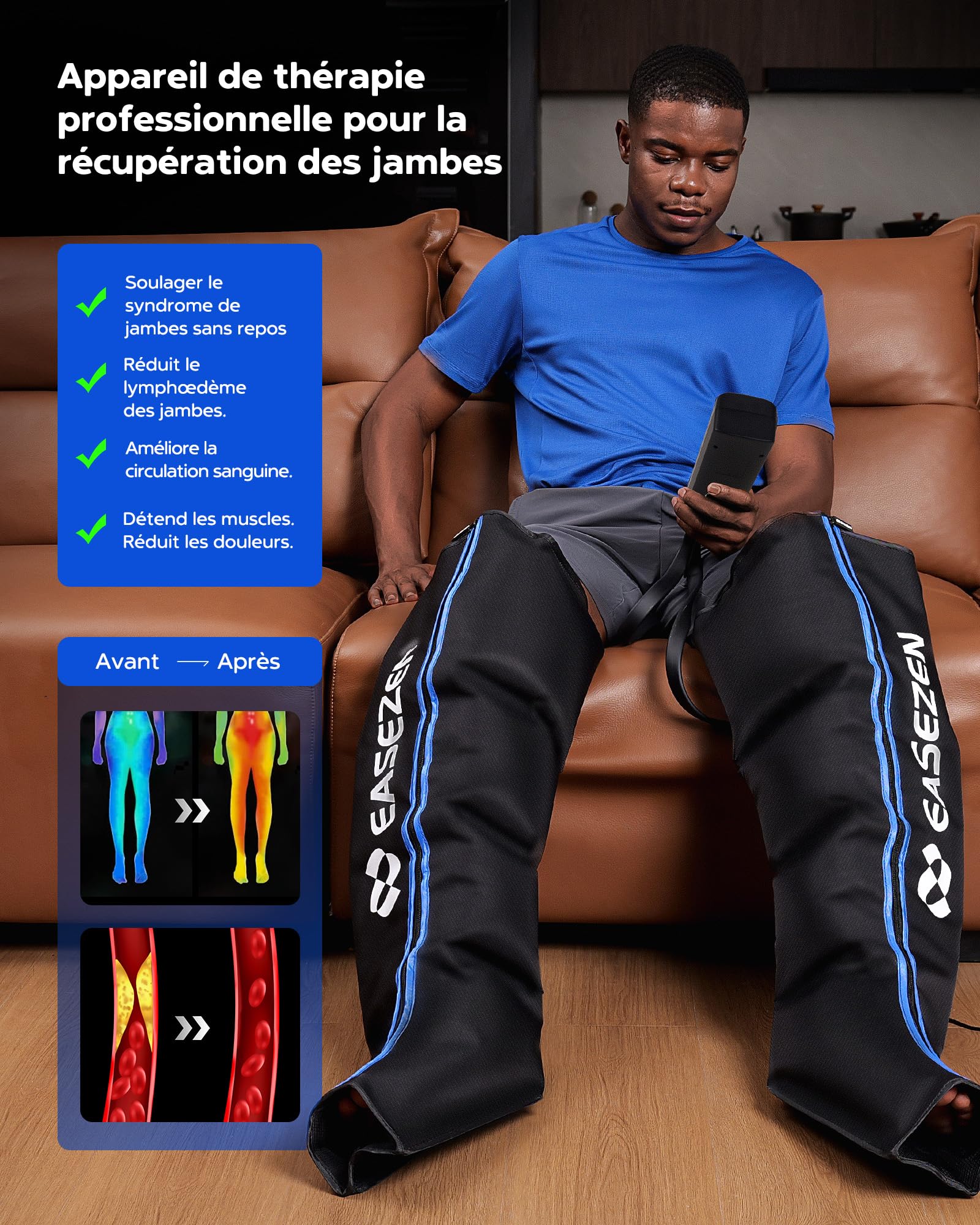 EaseZen Massage des Jambes par Compression d'air Taille M avec 6 Modes et 11 Niveaux d'intensité pour Améliorer la Circulation Sanguine et Soulager la Douleur, Compression Intégrales pour Les Jambes