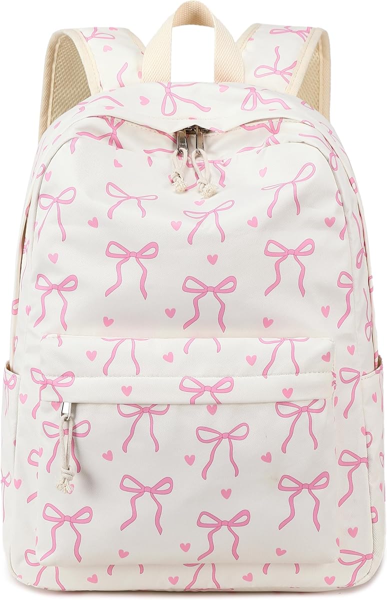 LOIDOU Backpack for Girls School Backpacks Bookbags for Elementary Middle School Women Laptop Backpacks (Bow tie Beige, L-17)