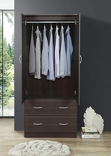 Miniatura 5 de HODEDAH Armario de madera de 2 puertas con barra de ropa dentro del gabinete, 2 cajones para almacenamiento y espejo, chocolate