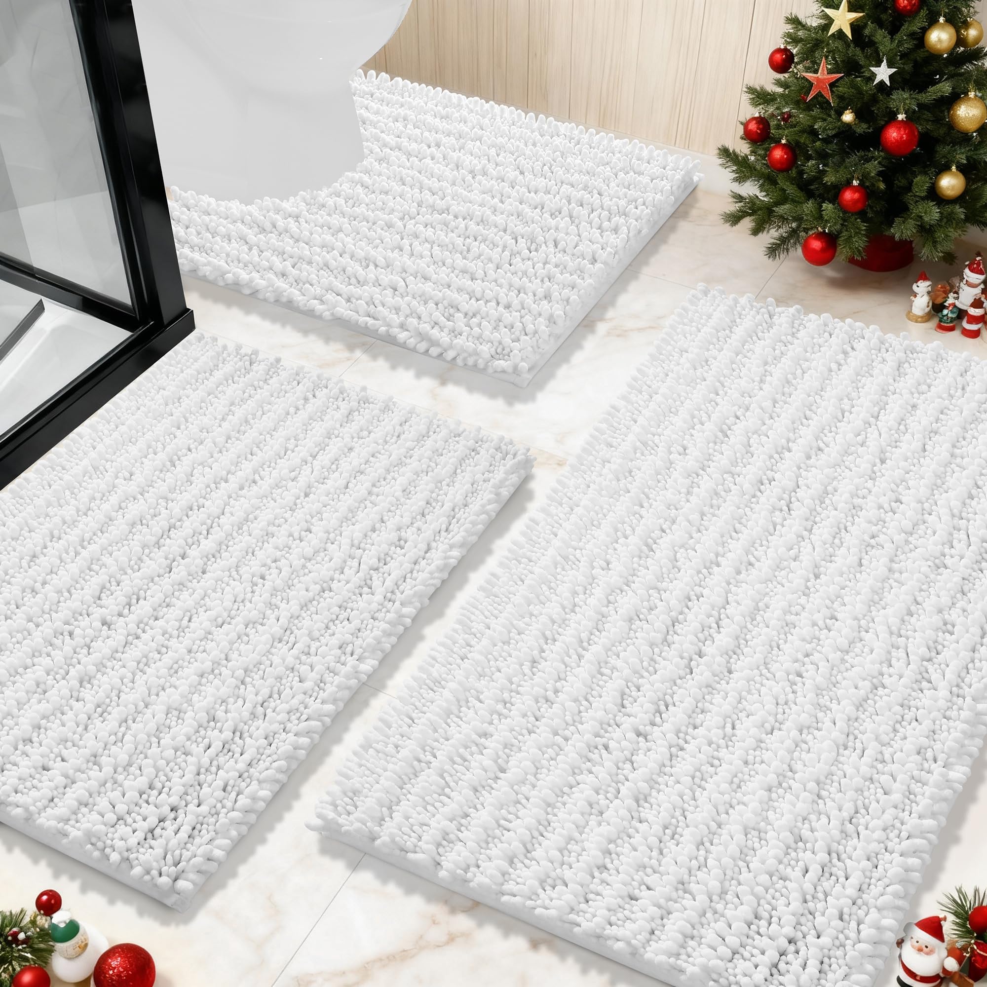 Yimobra Luxury Chenille Bathroom Rug Mat Set 3 Piece, Ultra Soft Shaggy Rugs and Non Slip Toilet Mats, Water Absorbent, Machine Washable, Plush Bathmats for Bath Floor, Tub, Shower, White