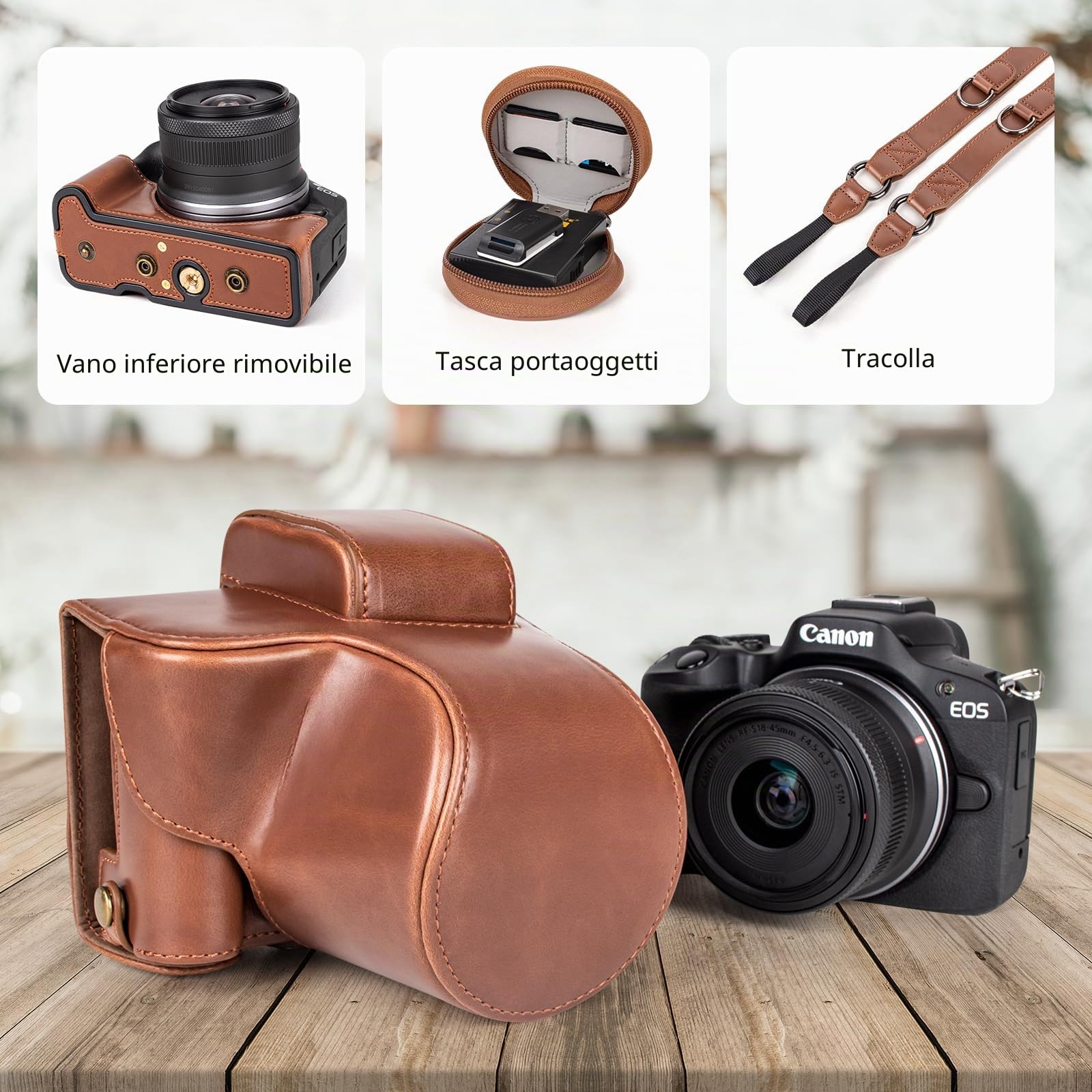MUZIRI KINOKOO Custodia Protettivo per Canon EOS R50/R100 Fotocamera, Custodia in Pelle PU retrò per EOS R50 EOS R100 DSLR, Apertura inferiore Custodia con Tracolla e Tasca Portaoggetti - Caffè
