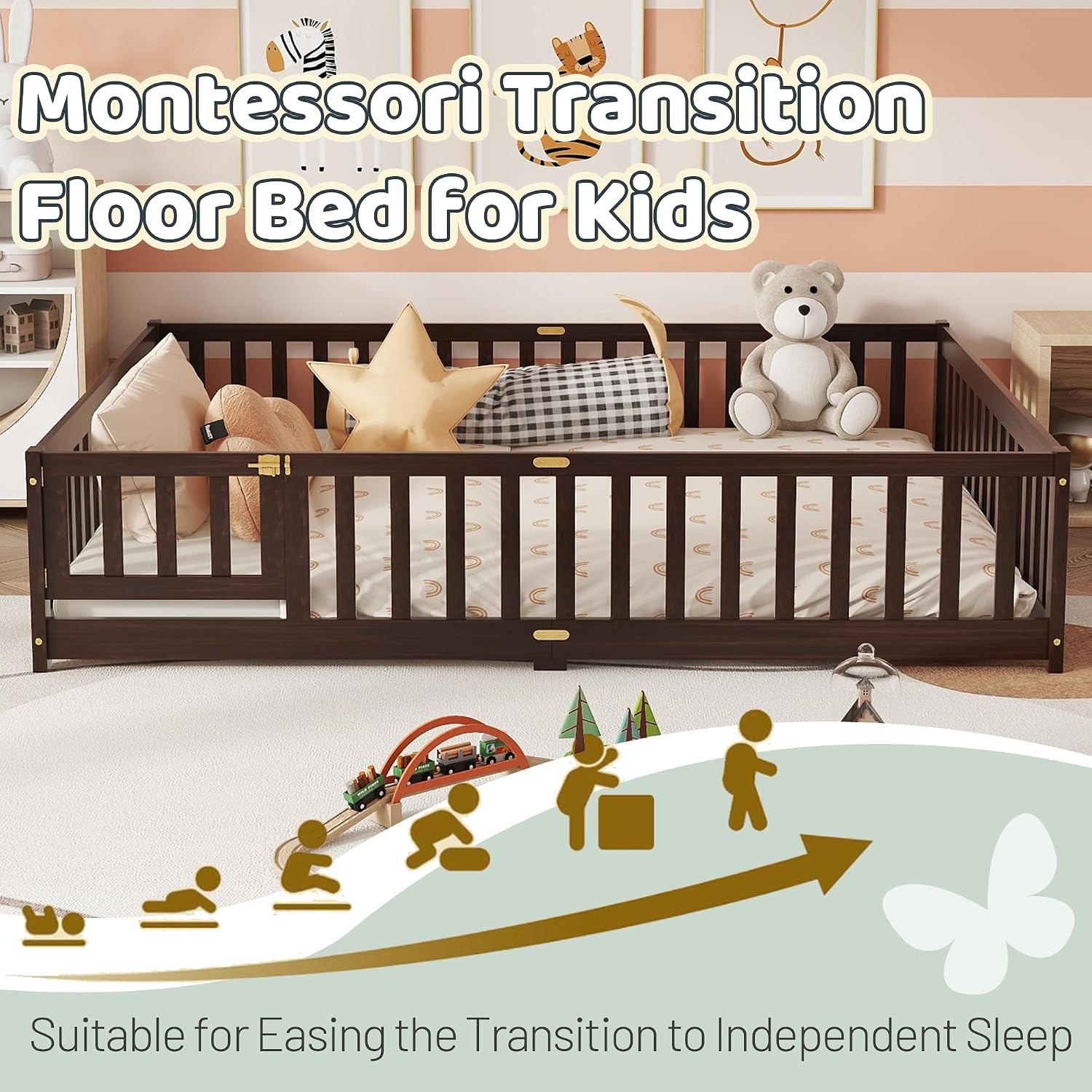 Queen Floor Bed with Safety Guardrails for Kids, Rubber Wood Montessori Bed with Slats and Convertible Door,Queen Size Bed Frame for Girls and Boys,No Box Spring Needed,Espresso