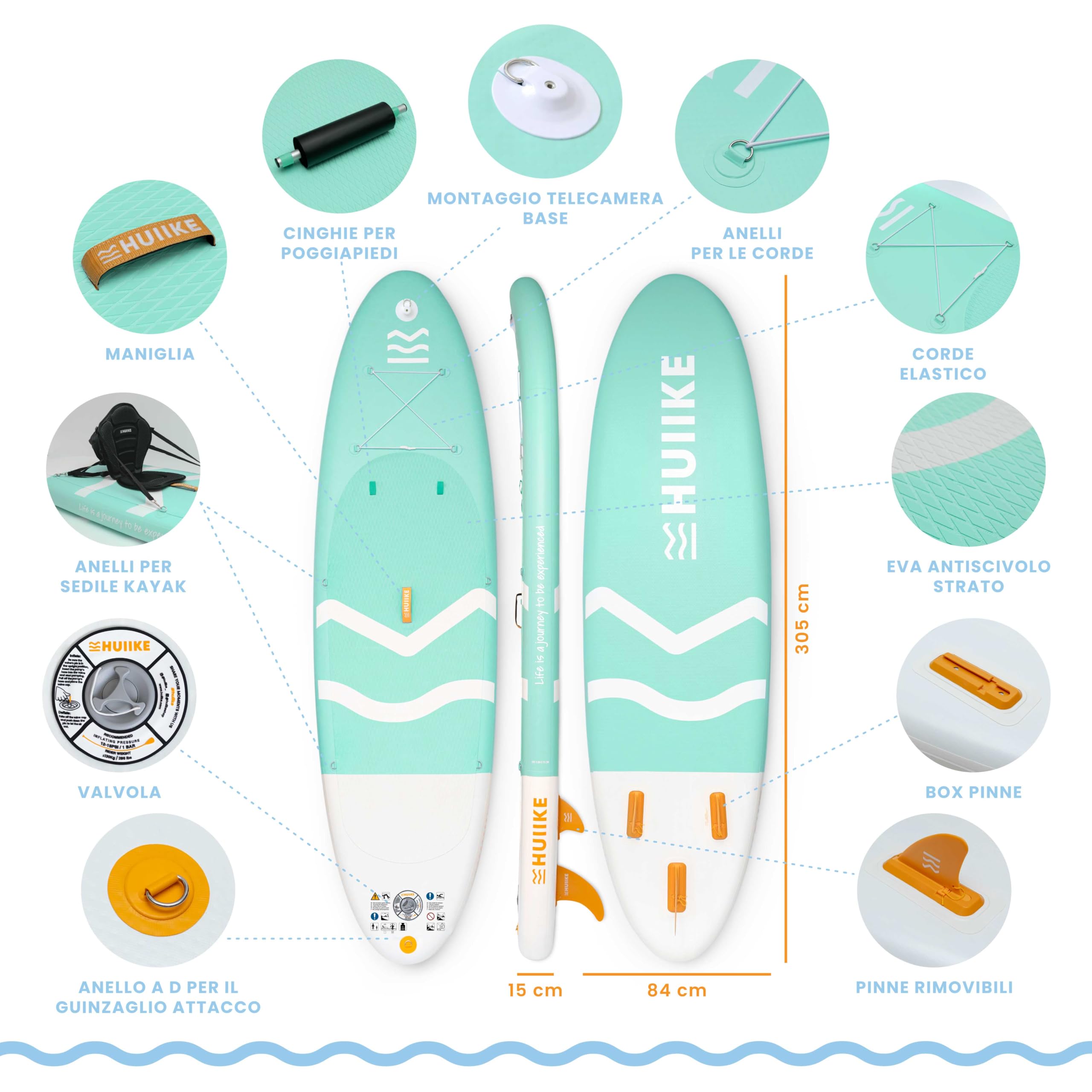 HUIIKE Tavola Sup Gonfiabile Adulti con Accessori Inclusi, Pagaia, Pinne, Pompa. Stand Up Paddle Board con Grande Stabilità e Resistenza. 305 x 84 x 15 cm, Carico Massimo 130 kg