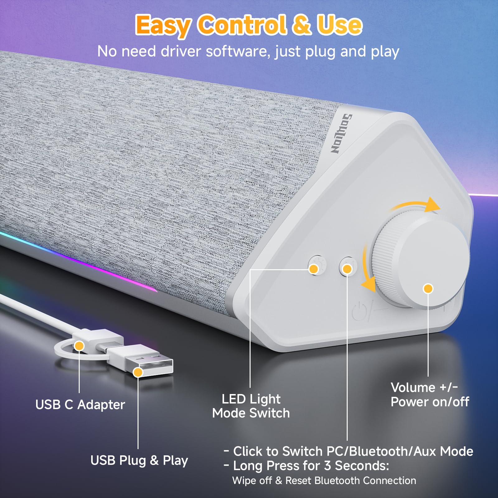 SOULION R60 Altavoz PC 12W Barra de Sonido USB Bluetooth para Gaming | Altavoces para Ordenador Portátil, Monitor, Bluetooth 5.3 , Luz LED, Alimentación por USB, con Conector de 3,5 mm Aux, Blanco