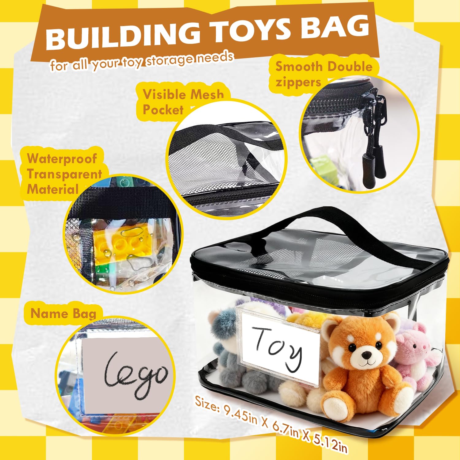 Paquete de 8 organizadores de juguetes de PVC transparente y bolsas de almacenamiento con cremallera, organizador impermeable para bloques de construcción, rompecabezas, juegos de mesa y juguetes