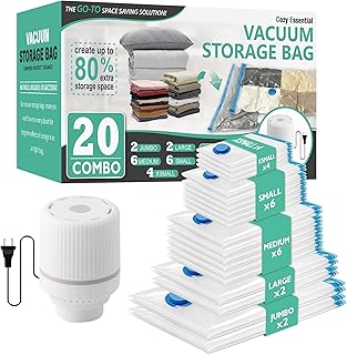 Cozy Essential 20 Pack Vacuum Storage Bags with Electric Pump, Vacuum Seal Space Saver Bags for Clothing, Pillows, Blanke...