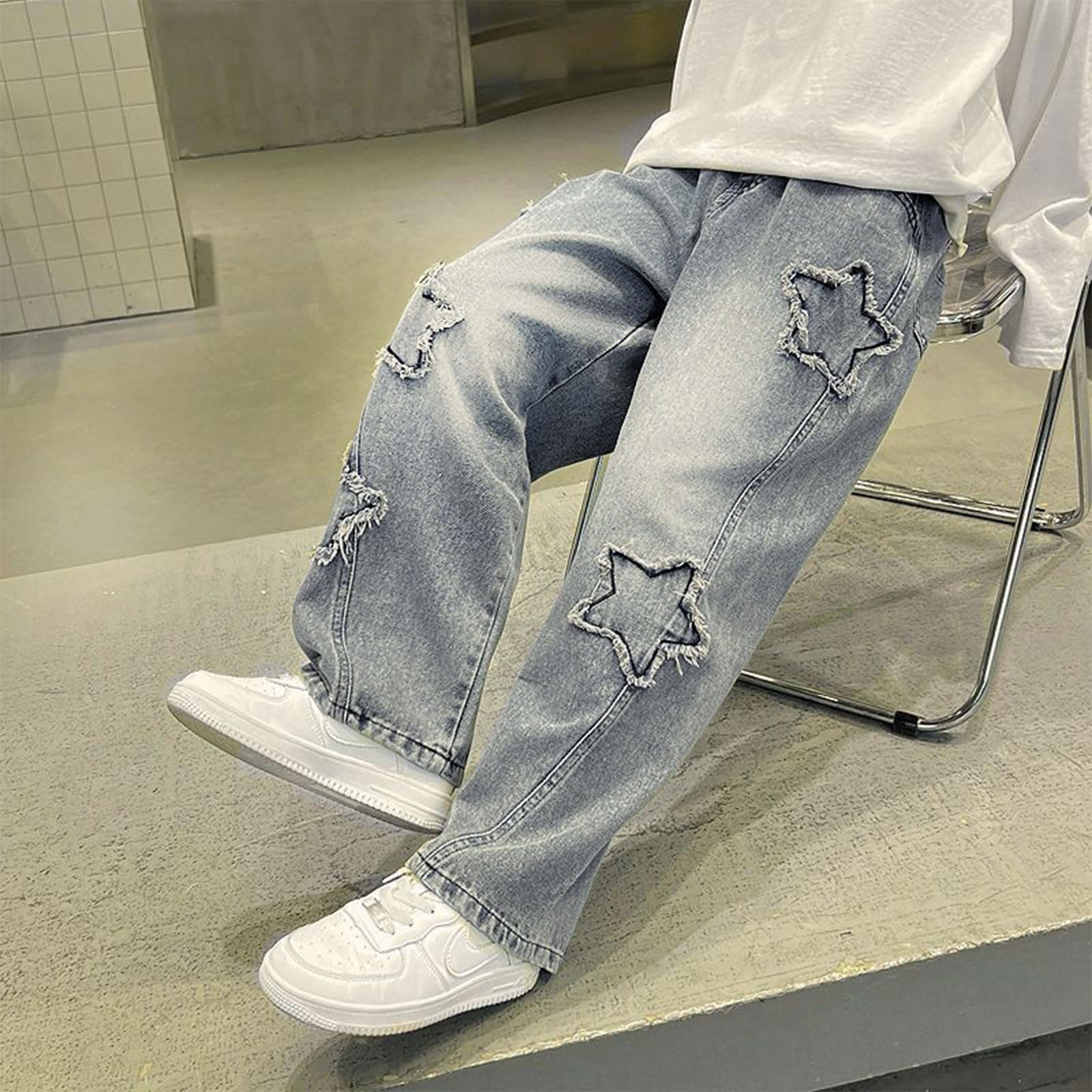 Lindos pantalones de mezclilla holgados con diseño de estrella, cintura elástica, pantalones de mezclilla rectos de pierna ancha para adolescentes de 8 a 14 años