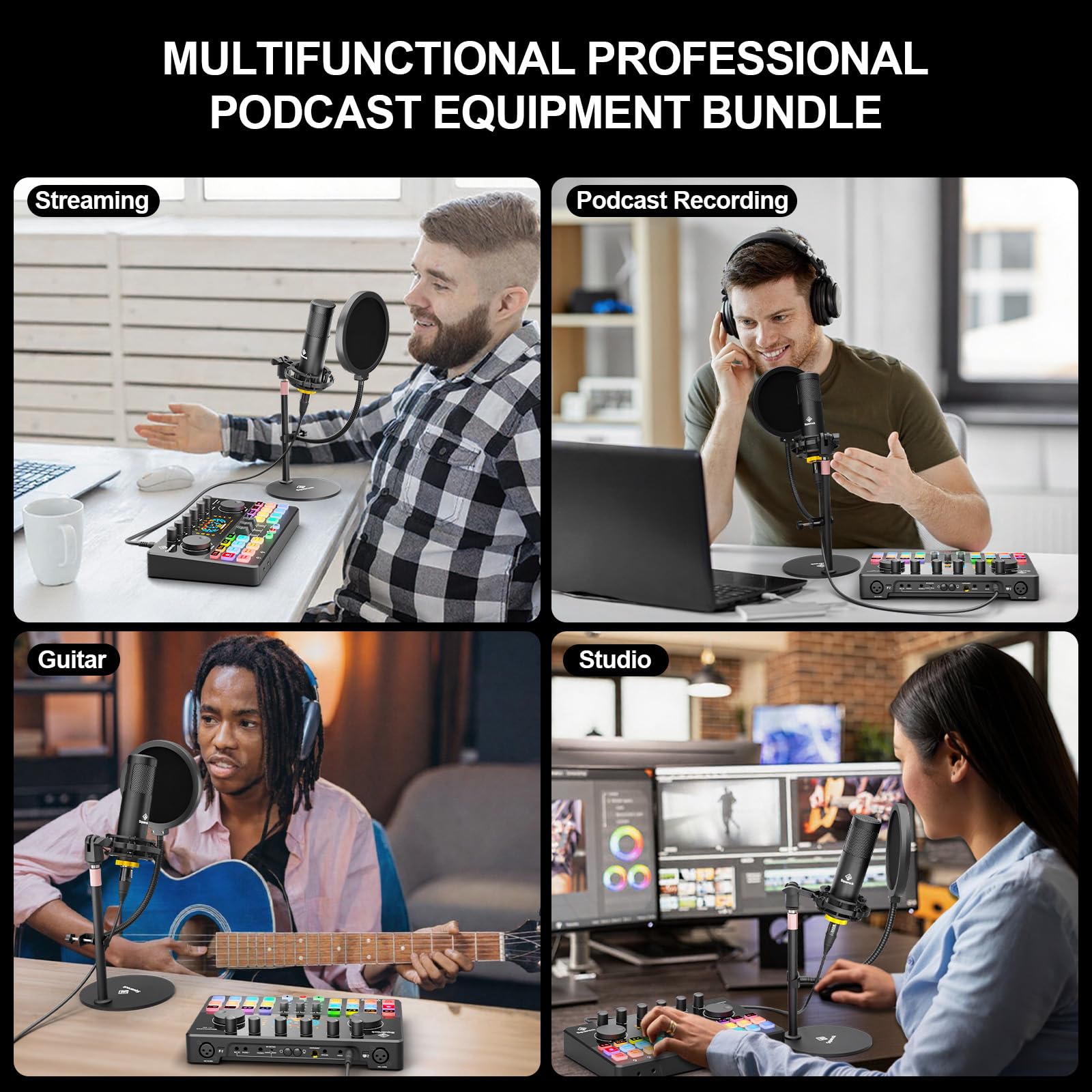 Paquete de equipos de podcast para 2 con micrófonos condensadores dobles XLR-3.5 con filtros pop de micrófono, equipo de audio para transmisión en vivo/grabación, juegos en línea para teléfono