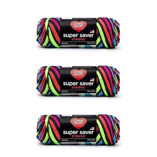 Red Heart Super Saver Yarn, 3 Pack, Neon Stripes 3 Count - Neon Stripes - 3 pack
