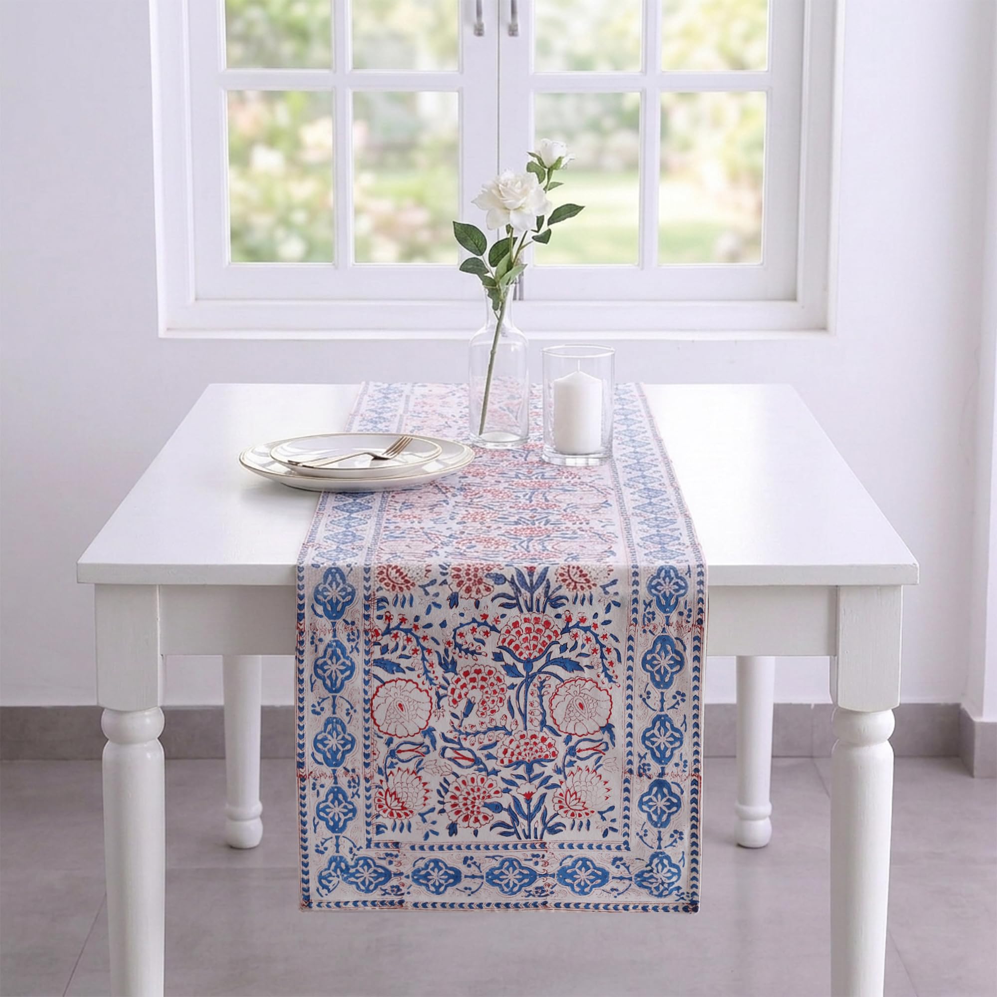 Hand Block Printed Cotton Table Runner - Floral Design -9