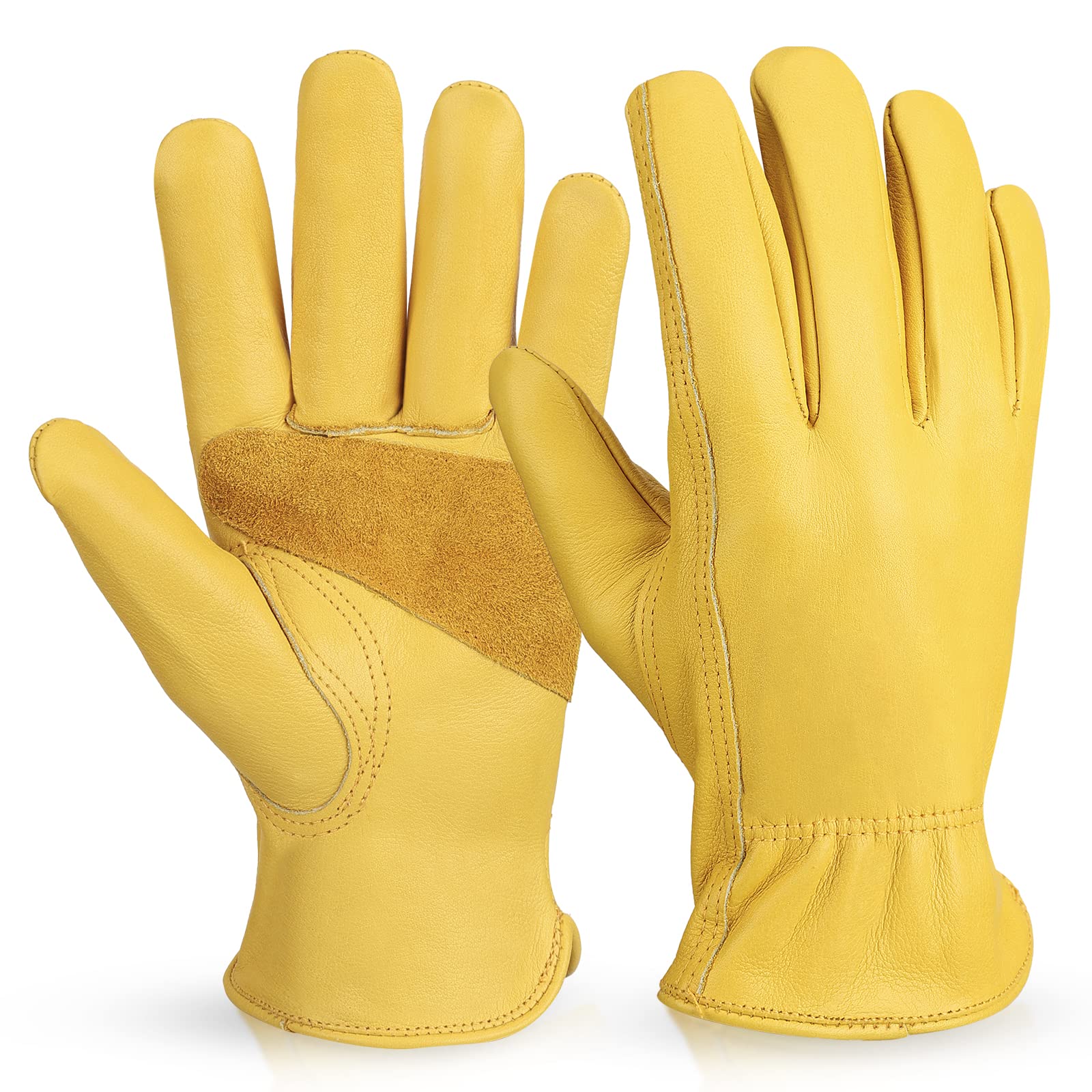 OZERO Leather Work Gloves: Waterproof Wear-Resisting Cowhide Leather Gardening Gloves for Yard Work, Gardening, Heavy Duty, Farm, Warehouse, Construction, Motorcycle, Men & Women