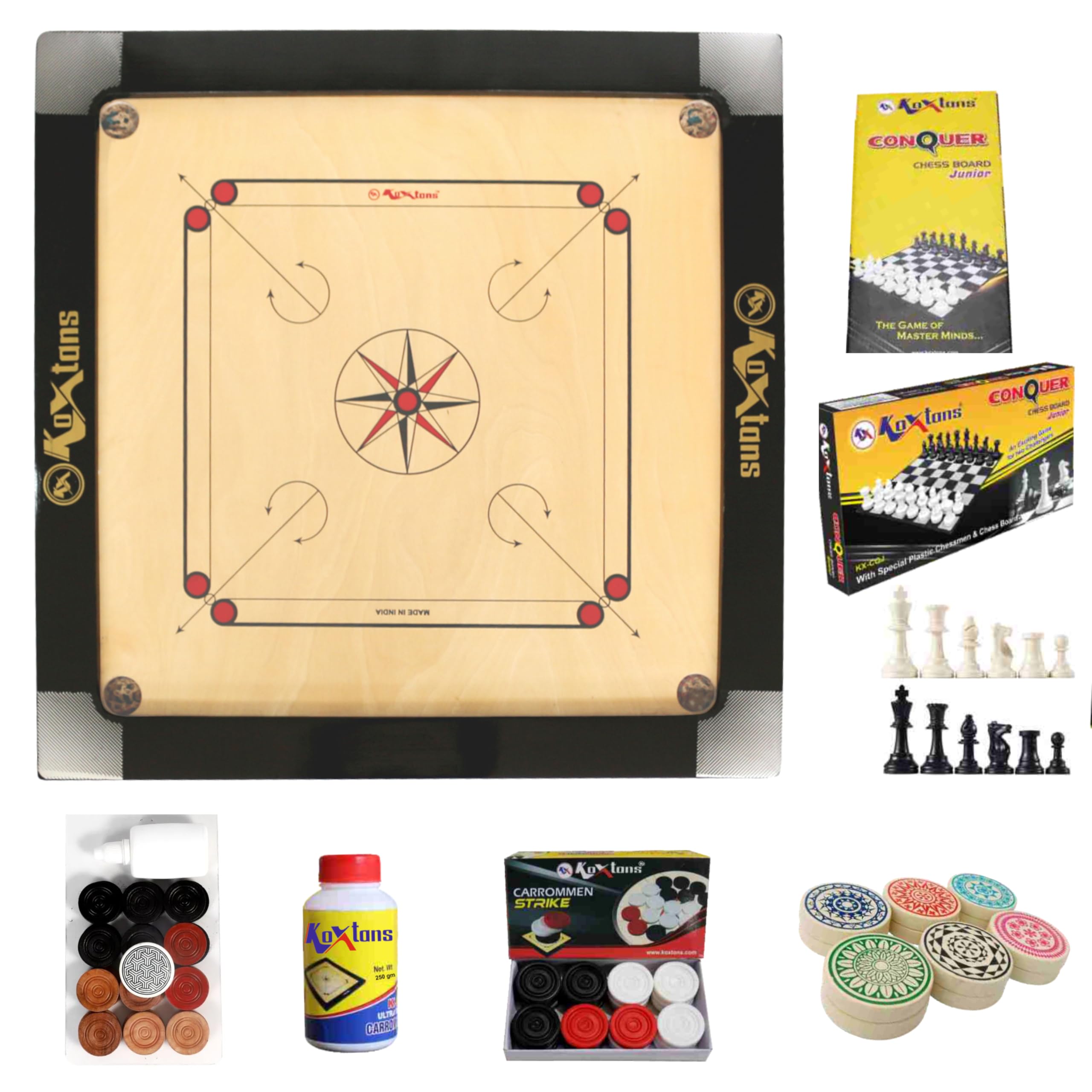 KOXTONS - Carrom Board 36 INCH Full Size Cut Pocket with 3" Border & (Super) with STRICKER & Accessories and Vista 14 INCH Chess Conquer Gift Set