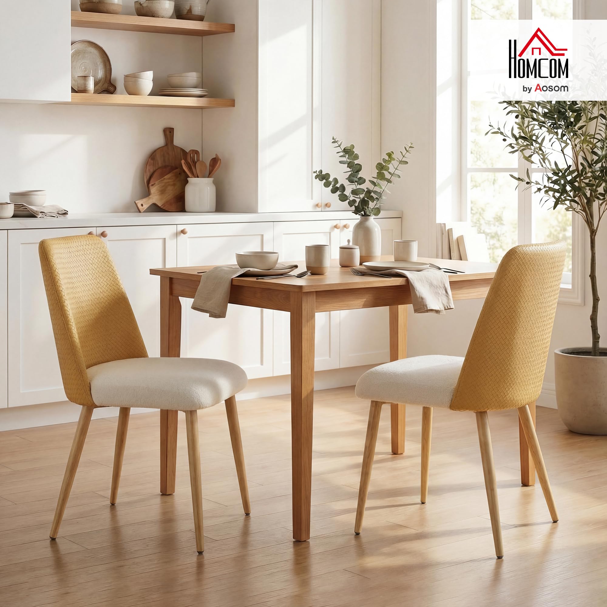 HOMCOM Juego de 2 Sillas de Comedor, Sillas de Cocina con Respaldo de PU de Imitación Ratán, Asiento Acolchado, Patas de Acero, para Salón, Marrón y Beige