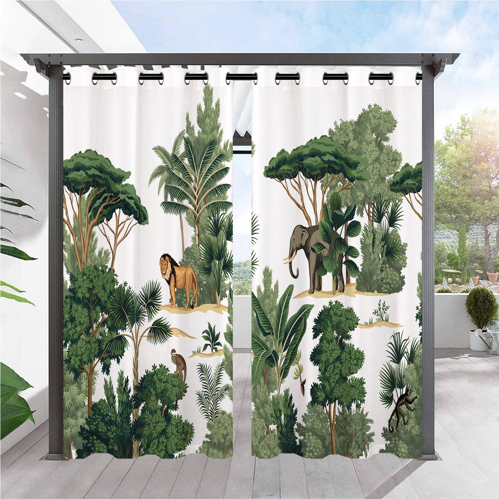 ANHOPE Outdoor Curtains Waterproof Eyelet Ring Top Drapes Jungle Plant Lion Elephant Monkey Print Pattern Privacy Outside Curtains for Garden Patio Gazebo Pergola Porch Pool 2 Panels 52 x 108 Inch โ image 1