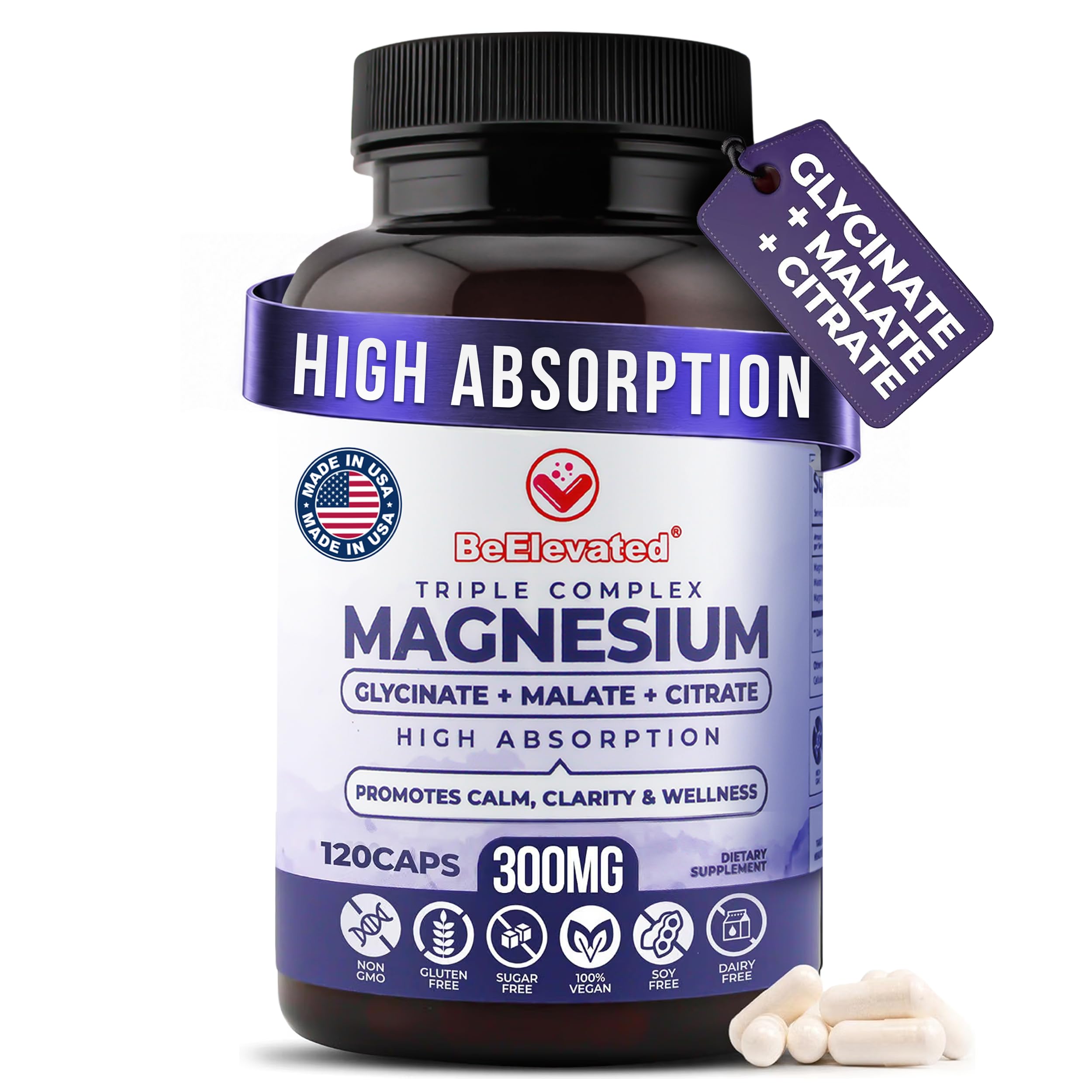 BeElevated Triple Magnesium Complex - Non-GMO and Vegan – 120 Capsules