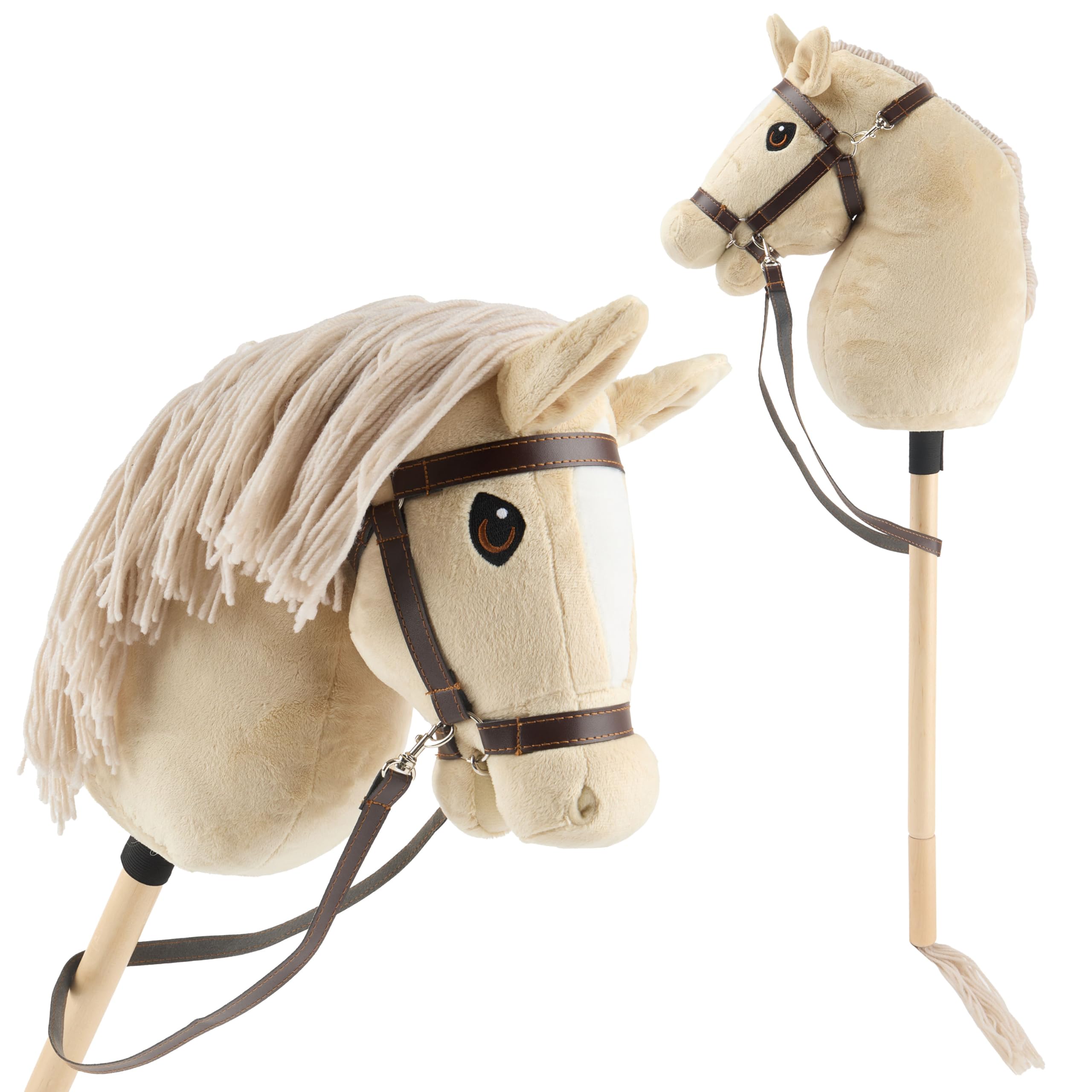 Bieco Hobby Horse Steckenpferd Beige - Größe S, mit Trense | Abnehmbarer Stock & Schweif, für Springreiten, Dressur & Spielen | Hobby Horse Pferde