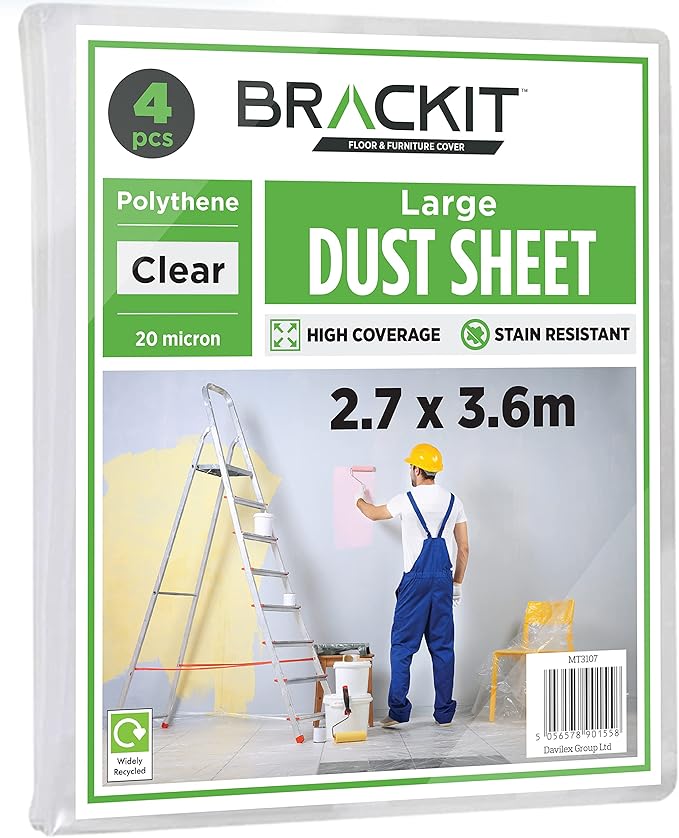 Brackit 4pc, Large Plastic Dust Sheets for Decorating 3.6m x 2.7m