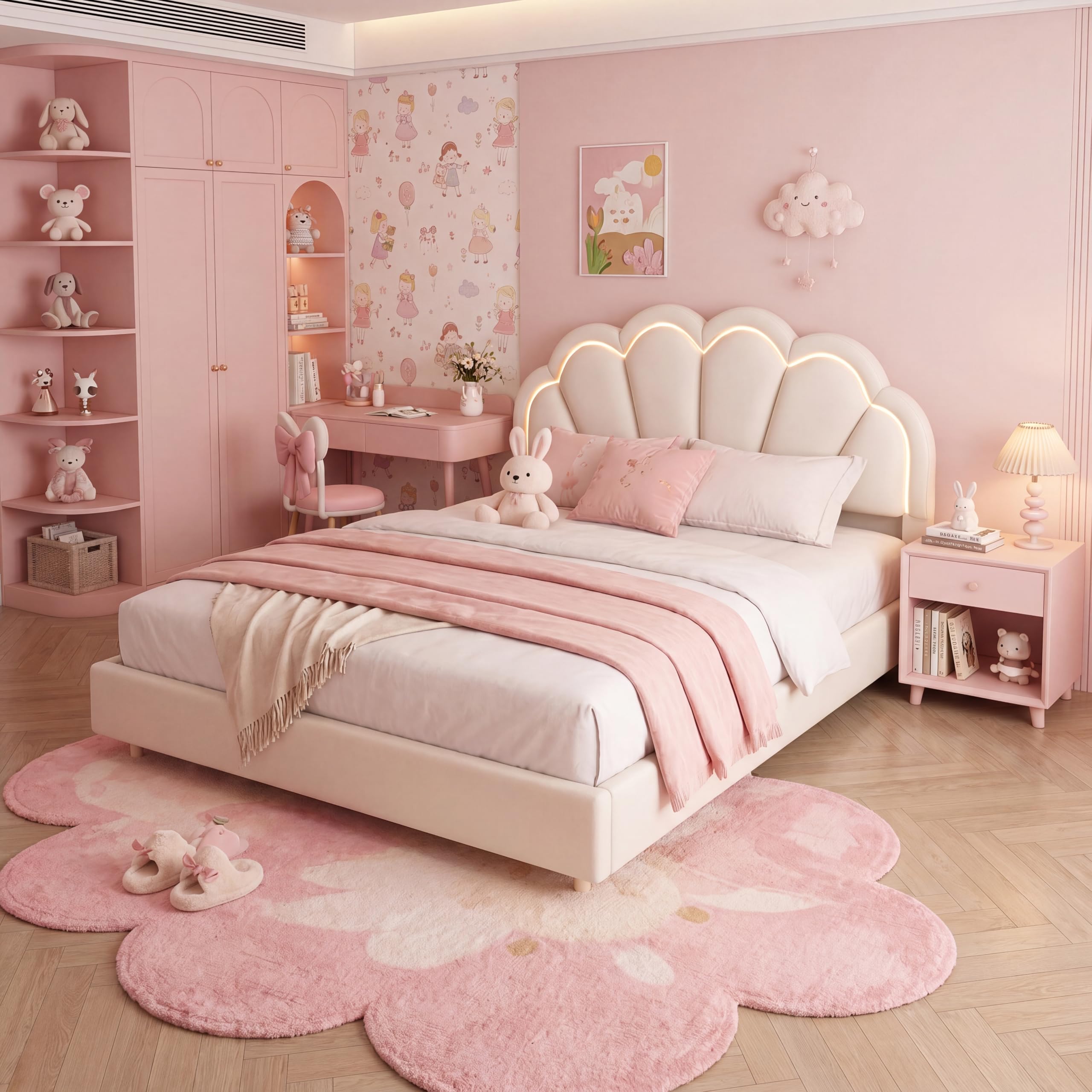 Polsterbett Doppelbett 140x200 cm für Mädchen, Mädchenbett Jugendbett, Gepolsterter Schwebender Bettrahmen mit LED-Lichtleisten und Kopfteil in Blumenform, Samtstoff,Beige