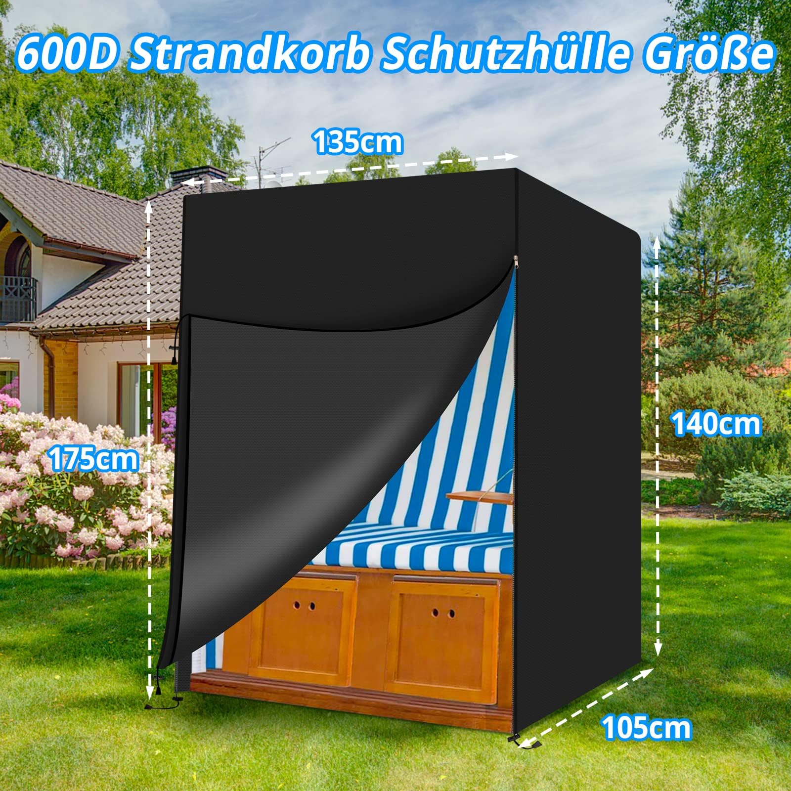 FINEW Funda protectora para silla de playa de tejido Oxford 600D, 135x105x175/140 cm, resistente al viento, cubierta para cesta de playa con cremallera, resistente al agua, color negro