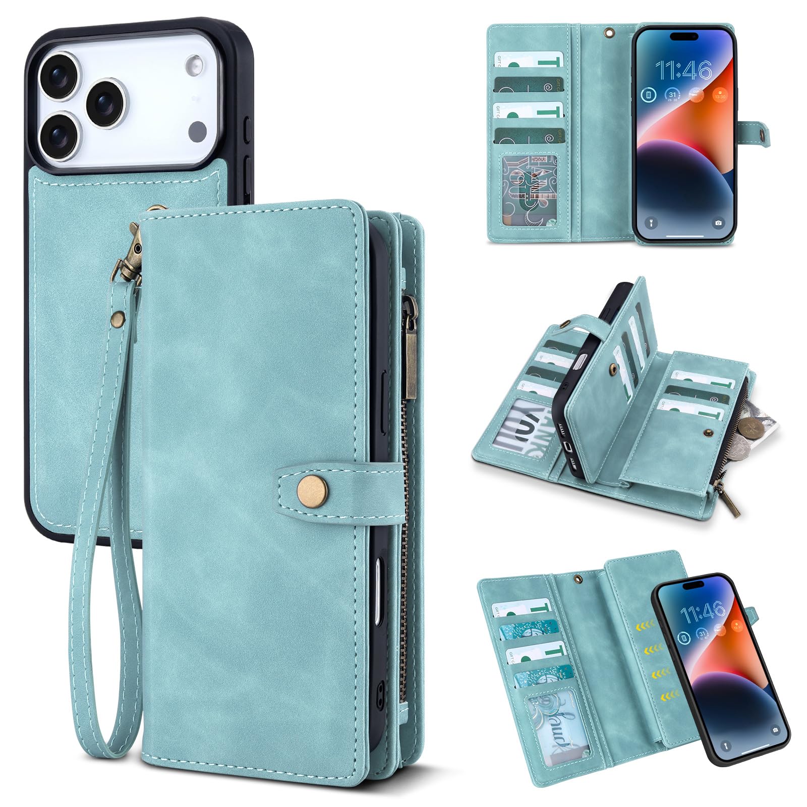 Photo 1 of TwoHead Wallet Case Compatible with iPhone 17 Pro, Detachable,Magnetic,11 Cards Holder,PU Leather All-Round Protective Phone Case with Change Pocket(6.3 in,Blue)