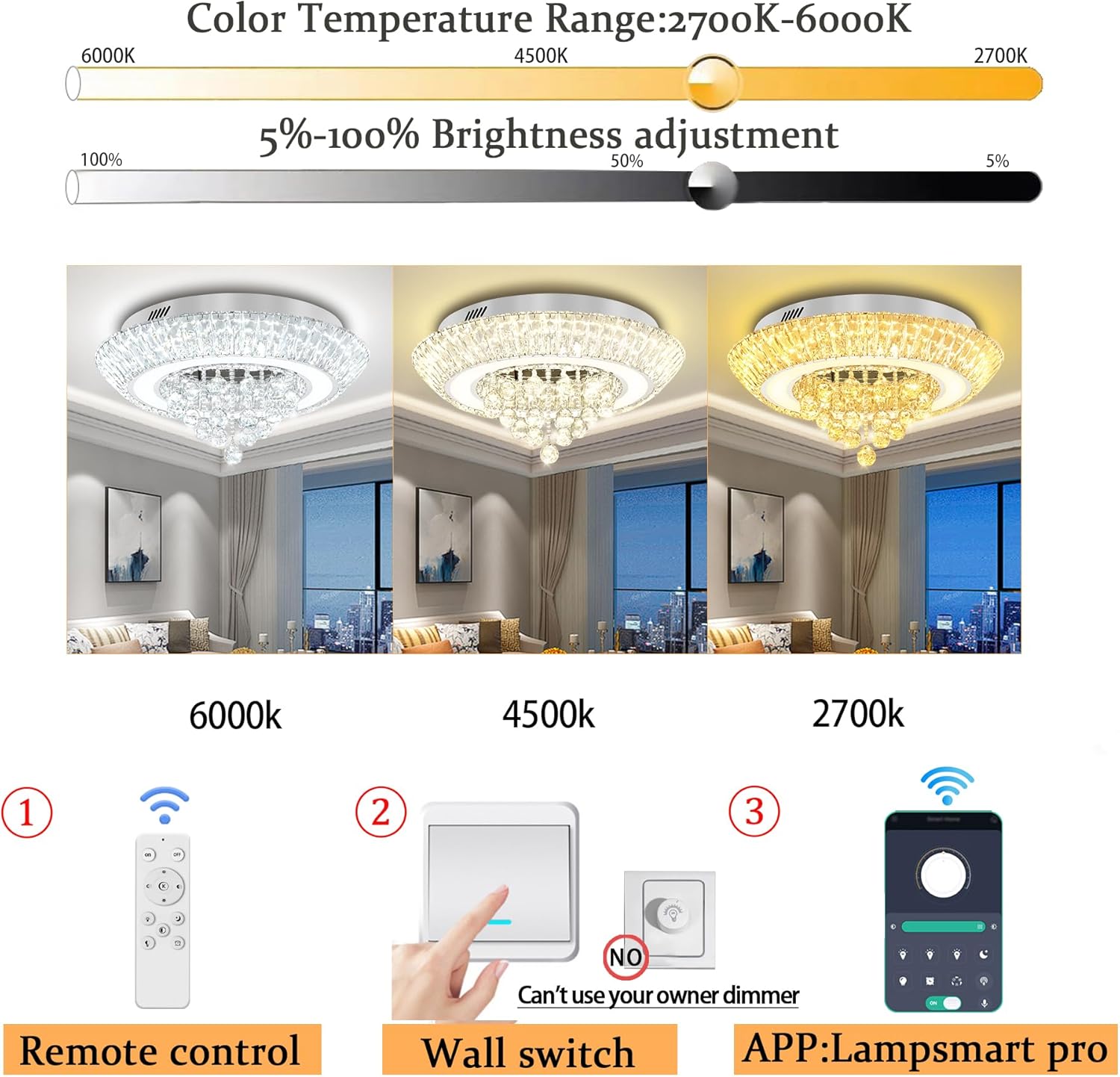 Modern Led Crystal Chandelier for Living Room Crystal Raindrop Chandeliers for Dining Room, Bedroom 24in Silver Flush Mount Chandelier Ceiling Light with Remote