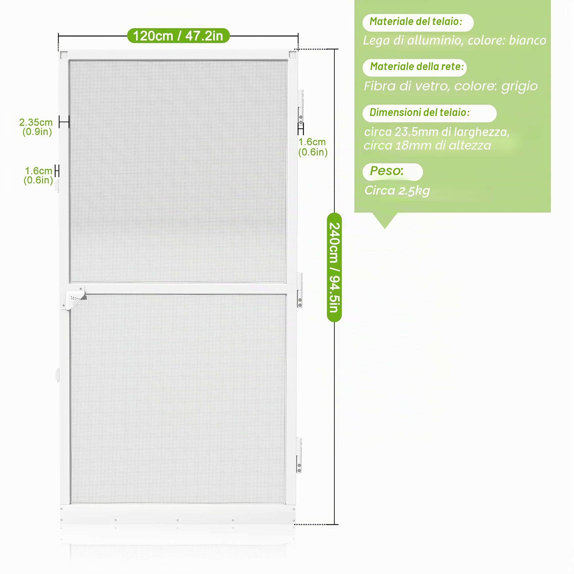 Zanzariera per porta, zanzariera con zanzariera e telaio in alluminio, 120 x 240 cm, zanzariera per balcone, soggiorno, terrazza