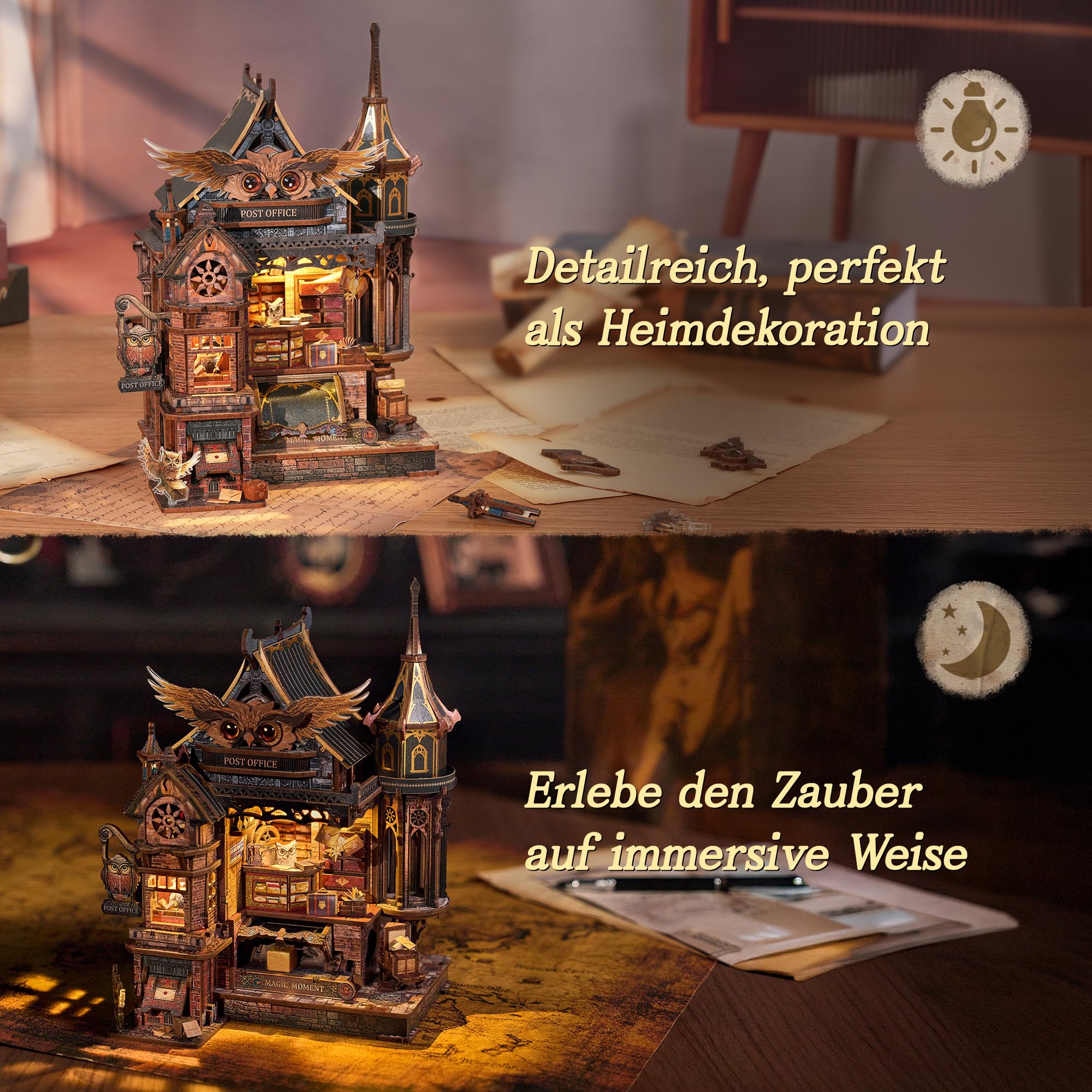 FUNPOLA LED 3D Holzpuzzle Eulen-Postamt – Dynamisches Modell mit mechanischen Zahnrädern, DIY Miniatur-Bausatz mit Musik und LED-Lichtern, Wohnkultur-Geschenk für Erwachsene und Jugendliche