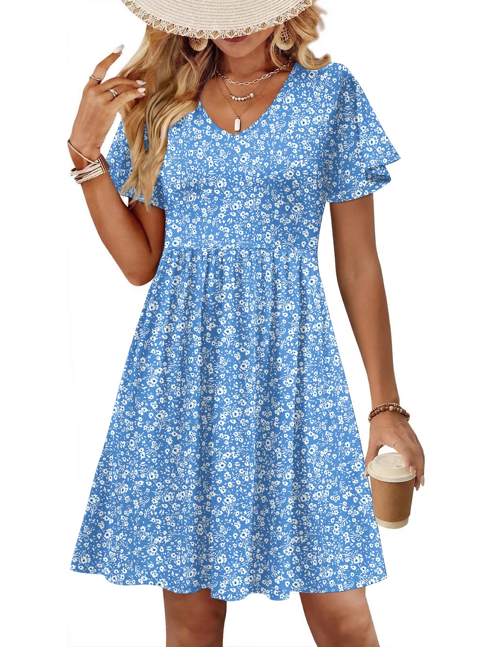 Zeagoo Womens Summer Dress Casual Swing Sundresses Floral Ruffle Short Sleeve Wedding Guest Dress Beach Mini Dress 2026