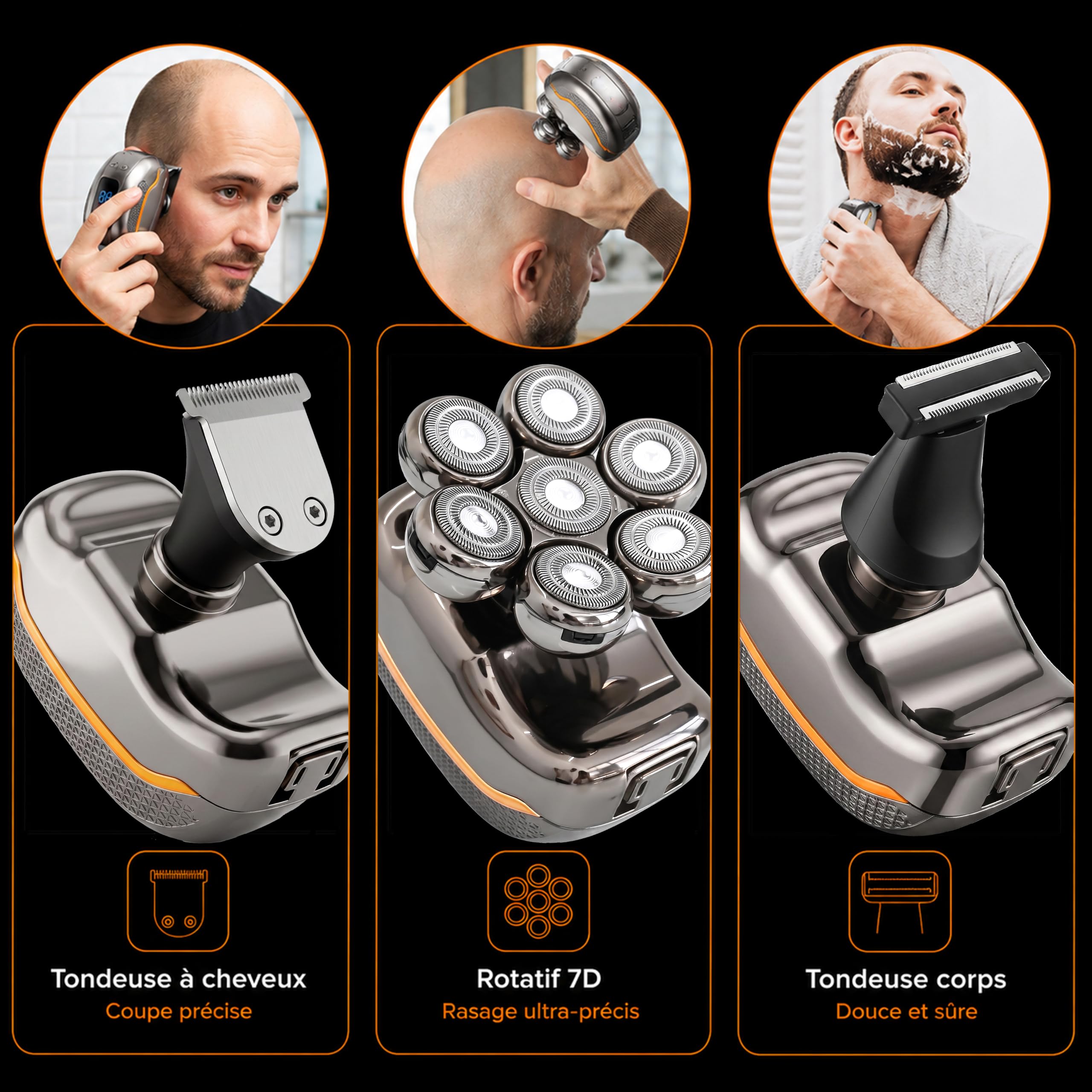 Golden Goods Rasoir Tete Chauve Homme 7D Skull Shaver Électrique Hommes Cheveux 90 mins d'autonomie Rasoir Crane Homme Chauve Étanche Wet & Dry Tondeuse Crane Chauve sans Fil avec Écran LED