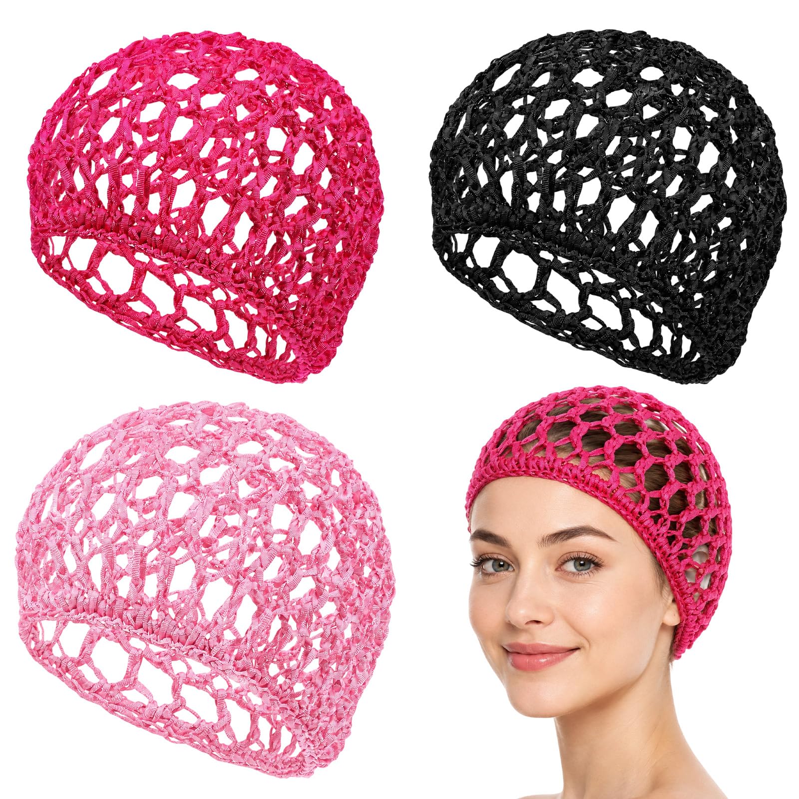 3 Pack Hair Nets for Sleeping Women, Soft Mesh Crochet Hair Wrap Net Rayon Knit Snood Cap, Stretchy Elastic No Marks Sleep Bonnet for Thick Long Short Curly Hairs Protection (Black Pink Rose Red)