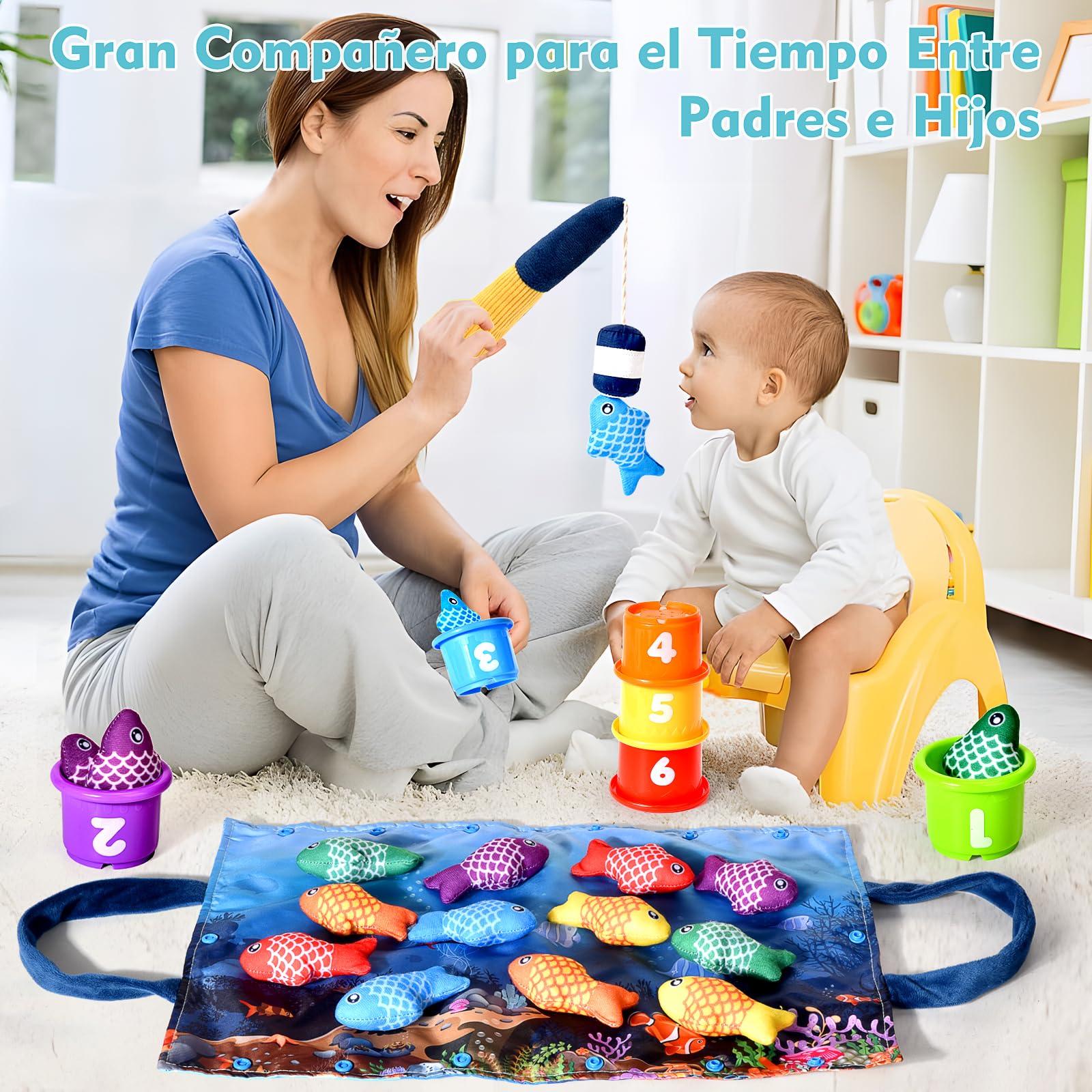 Juguetes Niños 1 Año Montessori, 20 Piezas Juego Pesca de Tela con Taza Apilables, Almacén Bolsa, Educativos Juguetes Bebes 6-12 Meses, Regalo Bebe 1 2 Año