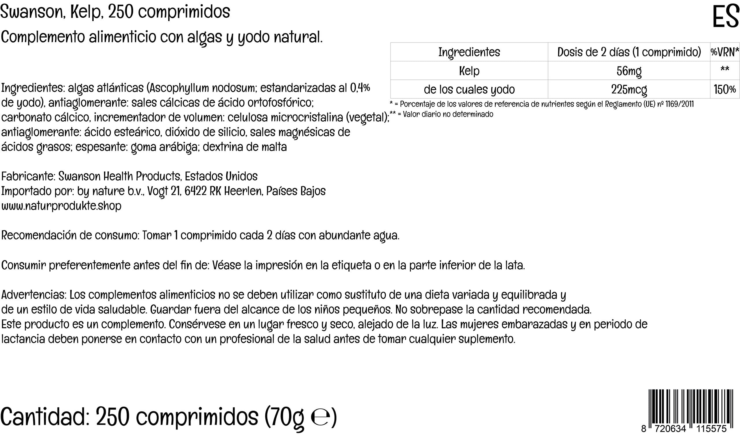 Swanson, Kelp, con Yodo Natural, 250 Comprimidos veganas, Altamente Dosificadas, Probadas en Laboratorio, Vegetarianas, Sin Soja, Sin Gluten, no GMO