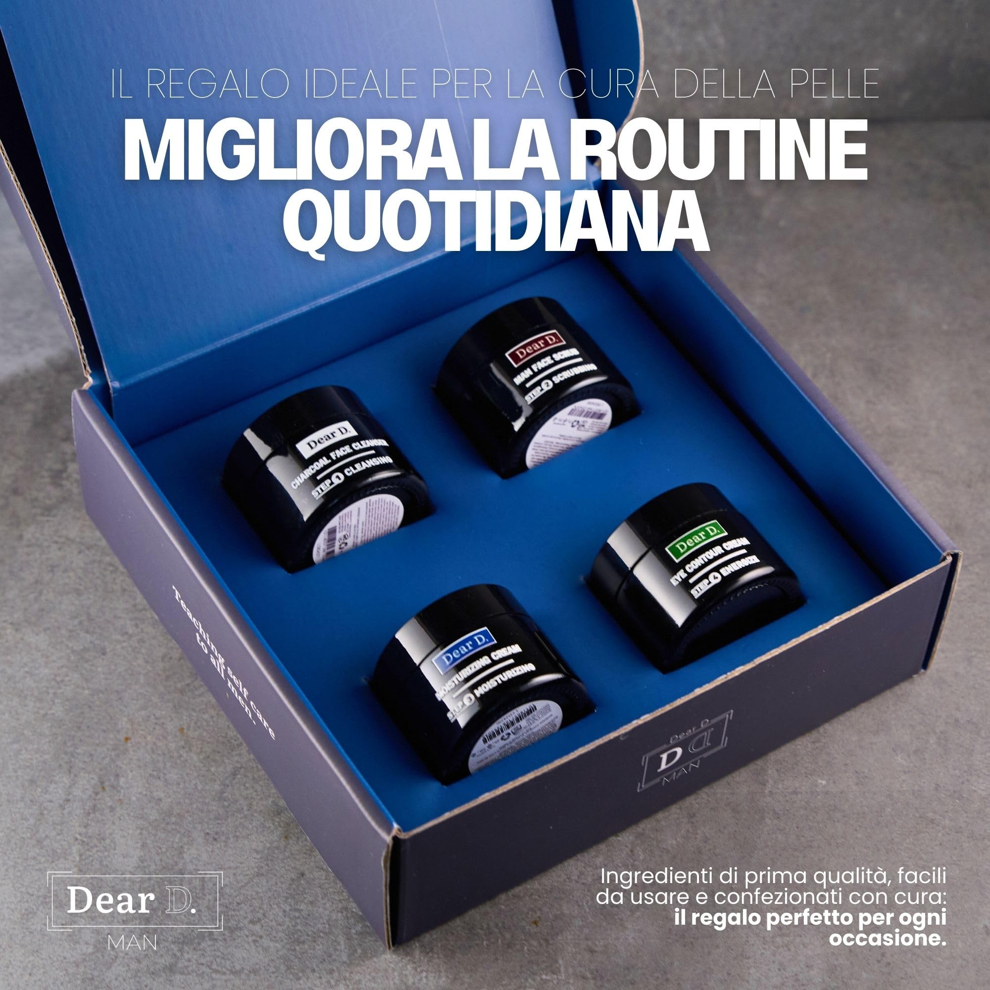 Dear D Box Kit Skincare Per Il Viso Superior | 4 Step Routine Completa Con Face Wash, Scrub Viso, Crema Idratante, Crema Contorno Occhi | Set creme uomo Made In Italy
