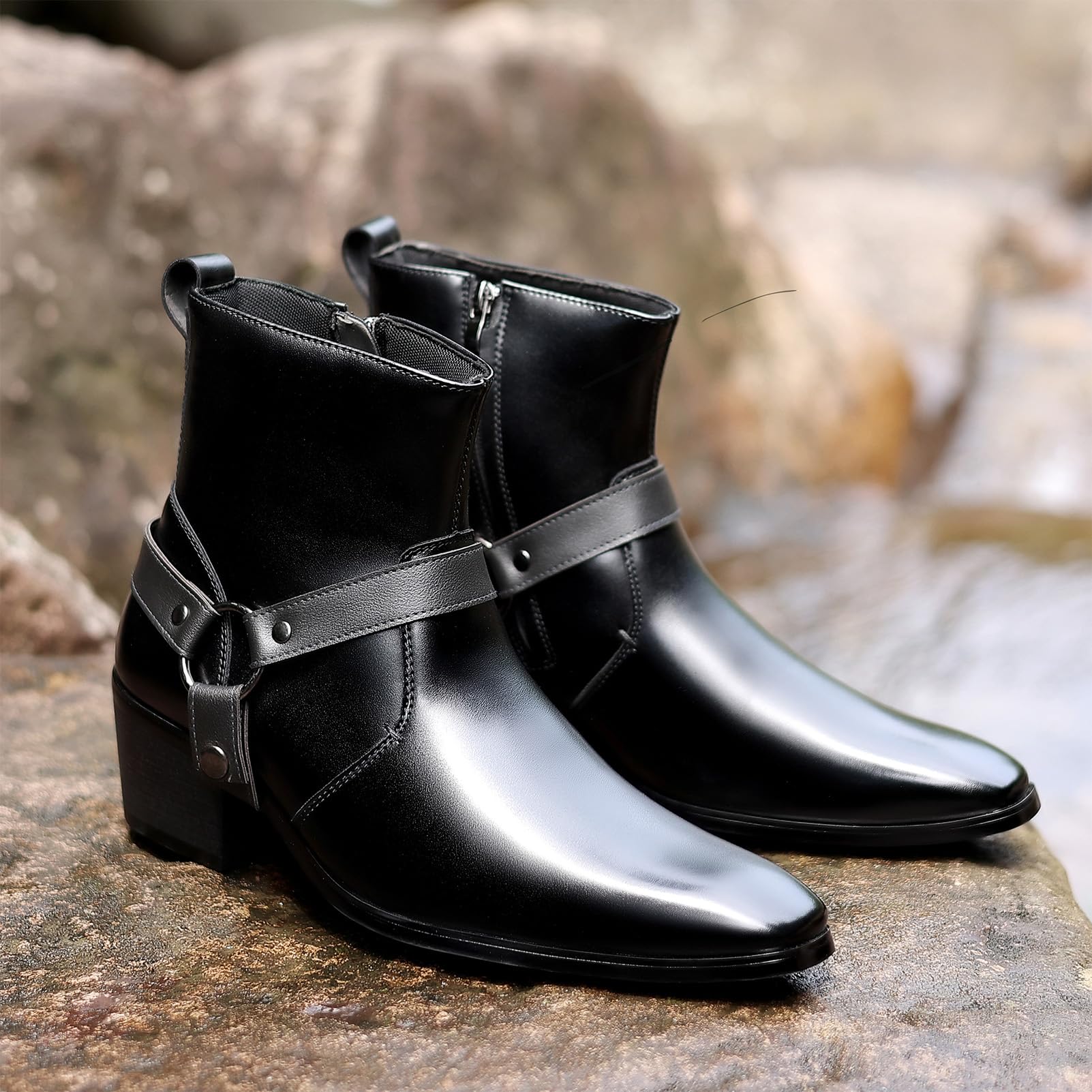 ANUFER Herren 5cm Blockabsatz Seitenreißverschluss Stiefeletten | PU-Leder, Cooler Punk-Stil, Nietriemen, Quadratischer Zeh, Elegante Stiefelschuhe
