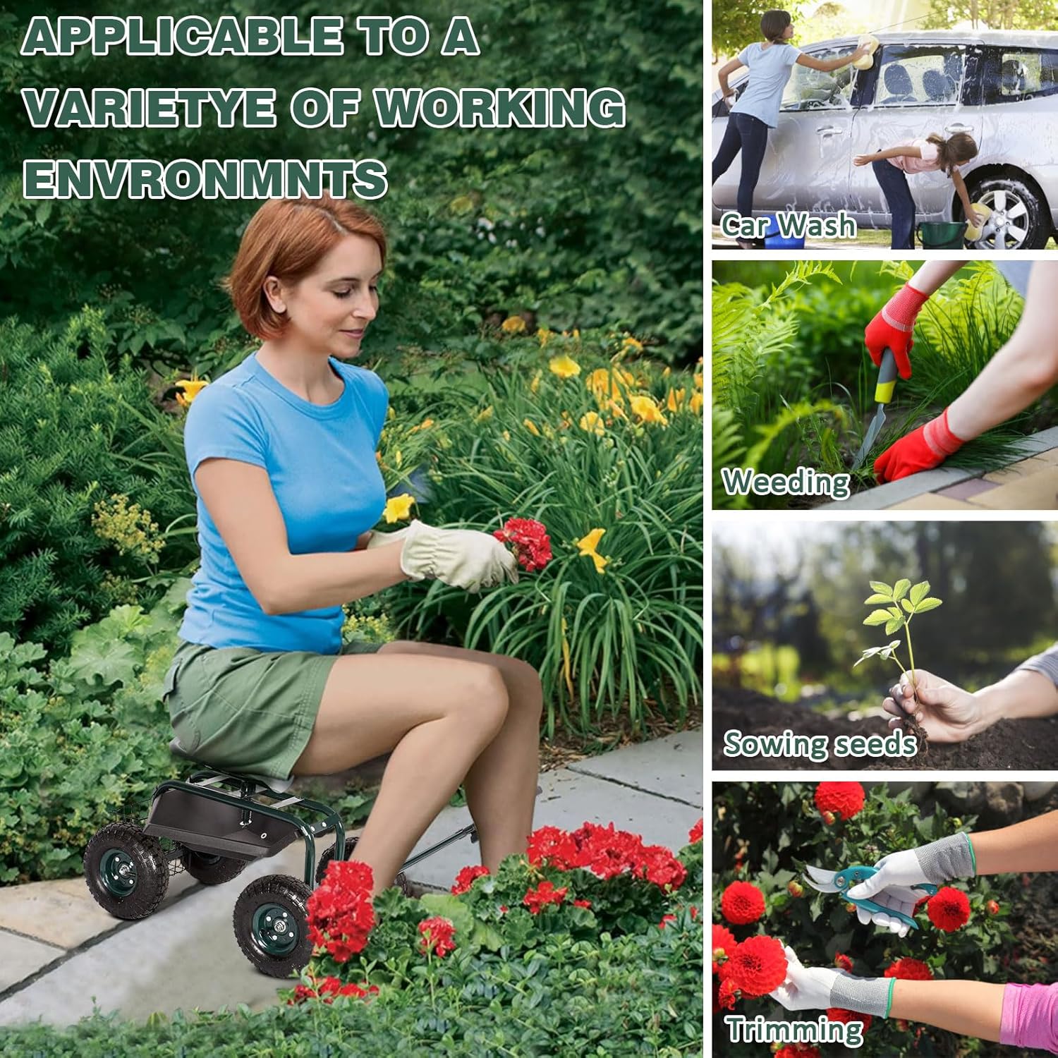 kinbor Garden Cart Rolling Work Seat Patio Wagon Scooter with Tool Tray Basket Adjustable Handle for Outdoor Planting Gardening, Green