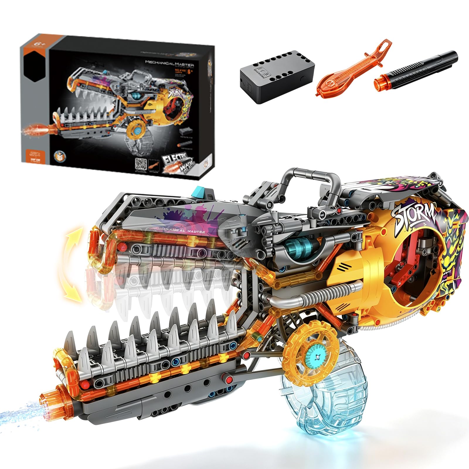 Electric Water Gun Building Set, 2 in 1 Motorized Gun, STEM Sci-fi Cyberpunk Chainsaw Blaster with Rechargeable Battery Light, Compatible with LEGO, Outdoor Toys for Boys Teens Adults 10+(730PCS)