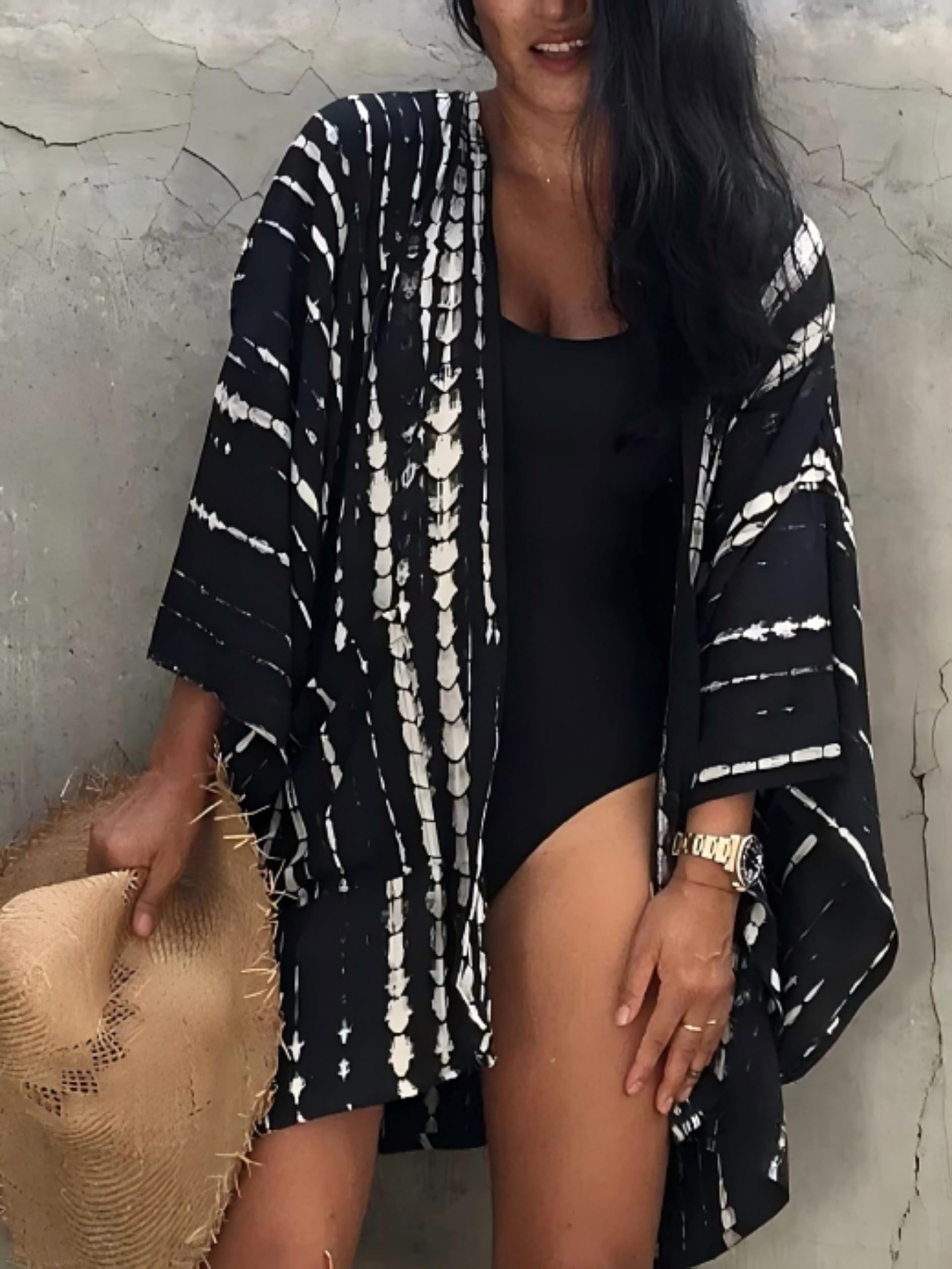 Cárdigan corto de kimono de manga larga para mujer, con cinturón, blusa de playa, blazer monocolor, estampado de leopardo, manga ancha