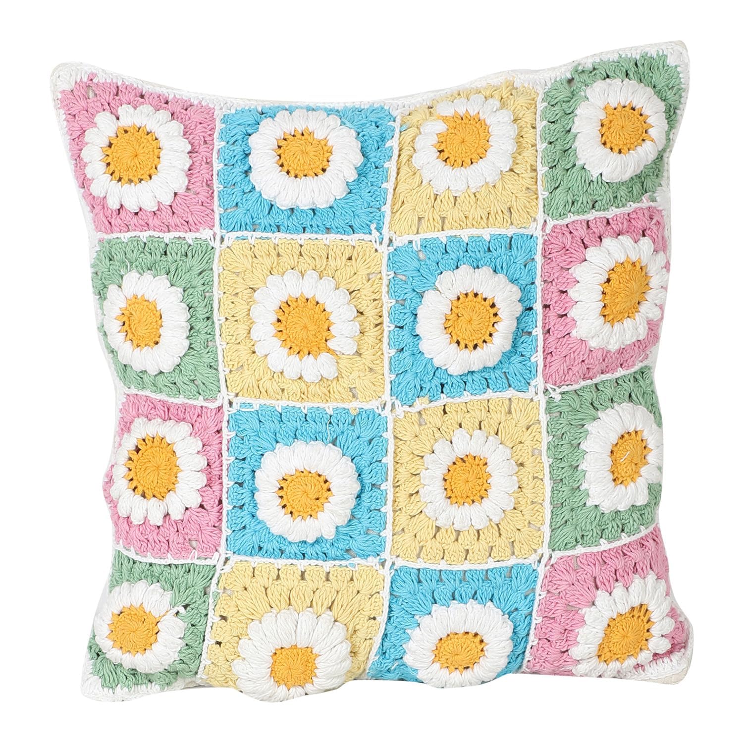 Handmade 16x16 Inch Cushion Cover - Boho Macrame Sunflower Design, Handwoven Decorative Throw Pillow Case for Sofa & Bed, Crochet 16x16 Floral Bloom Accent, Soft Durable Unique Home Decor
