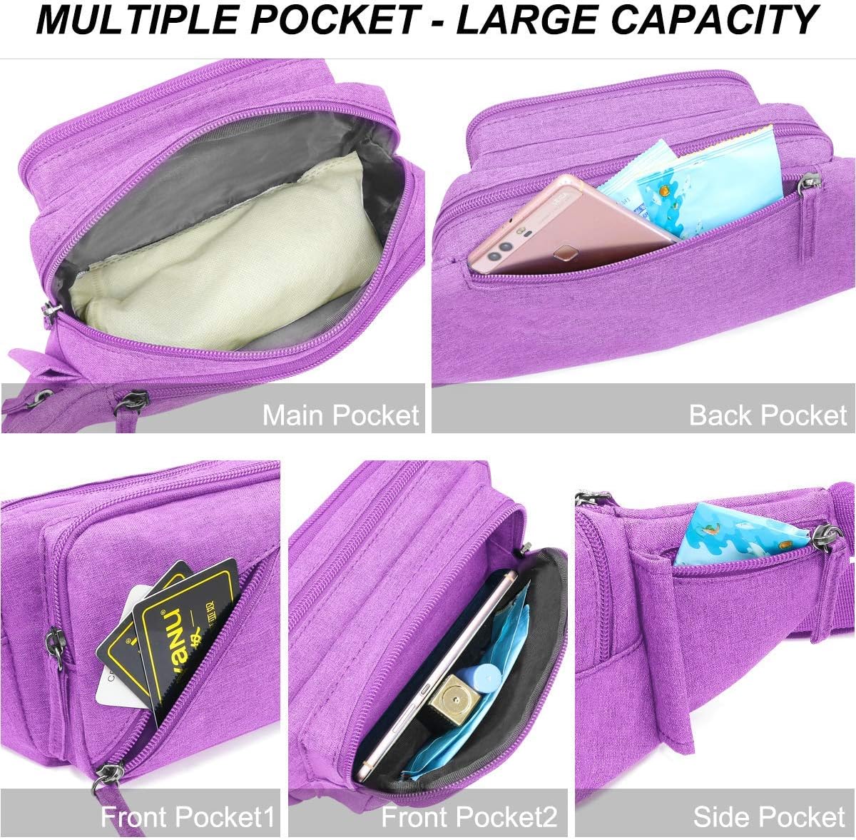 Fanny Pack Waterproof Waist Bag Pack Men Women Hip Bum Bag With Water Bottle Holder Adjustable Strap Suitable For Outdoors Workout Traveling Hiking Cycling Dog Walking Pouch Bag(Purple) - Image 3