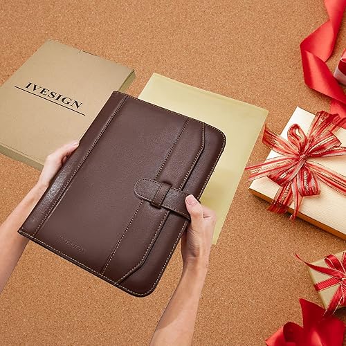 Miniatura 8 de IVESIGN Carpeta con cremallera, organizador de piel sintética con carpeta de 3 anillas, diseño para zurdos, ranuras para tarjetas de visita y