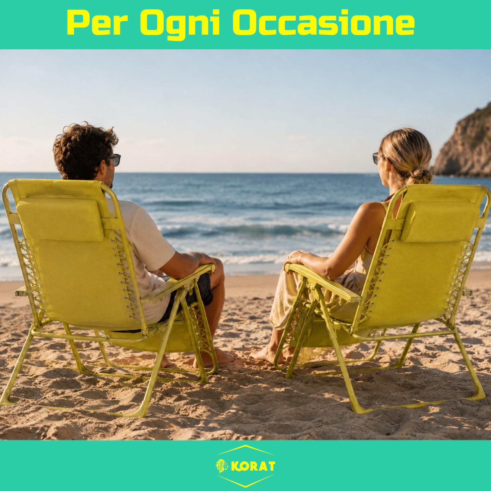 KORAT - Set 4 Sedie Sdraio Pieghevole Reclinabile Zero Gravity da Giardino e Spiaggia, con Poggiatesta e Braccioli, Struttura in Acciaio, Tessuto Oxford Impermeabile, 110x65x90 cm - Giallo Lime