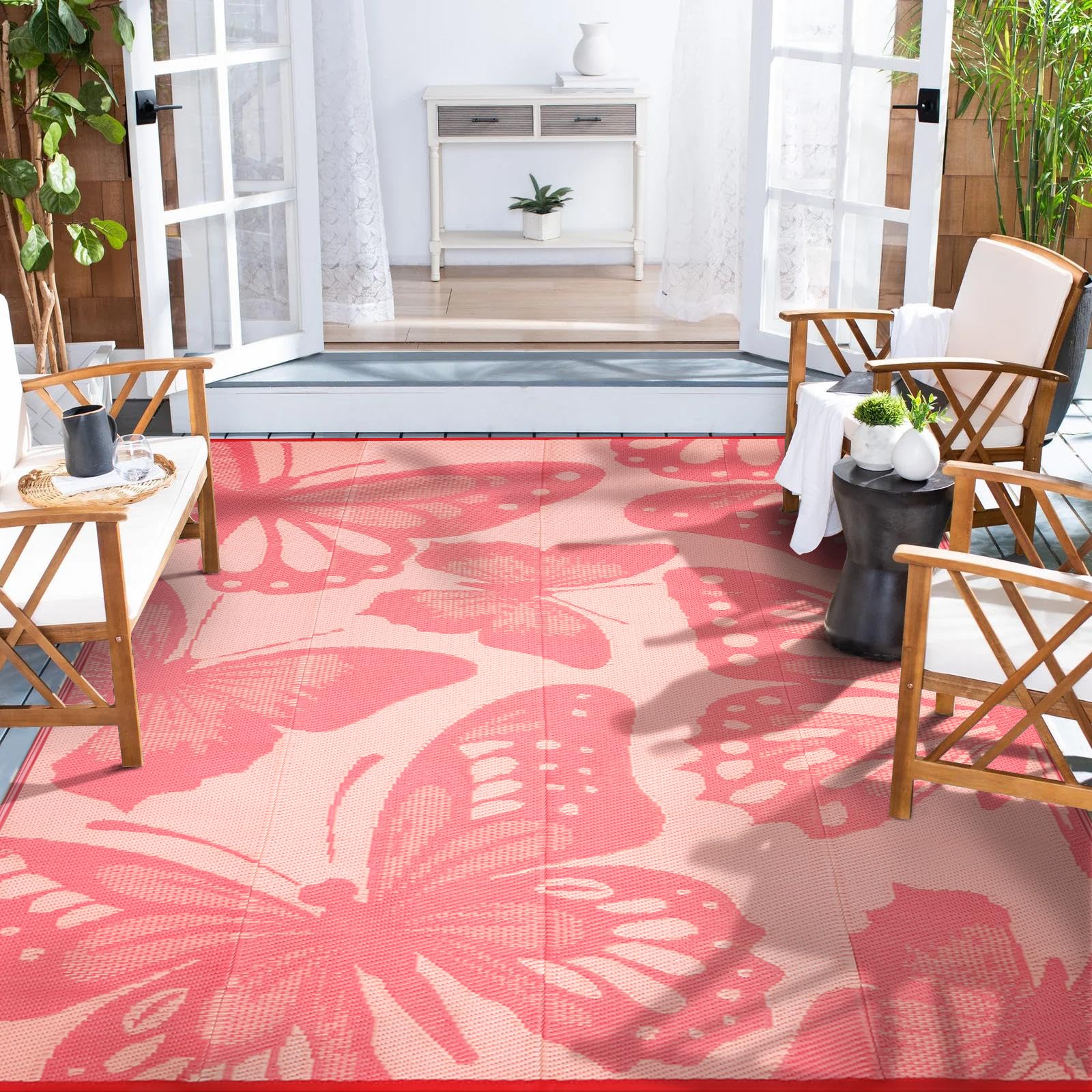 Wonnitar 8x10 Outdoor Rug, Large Waterproof Reversible Outdoor Patio Area Rug, Indoor/Outdoor Butterfly Plastic Straw Portable Camping Rug for Outside