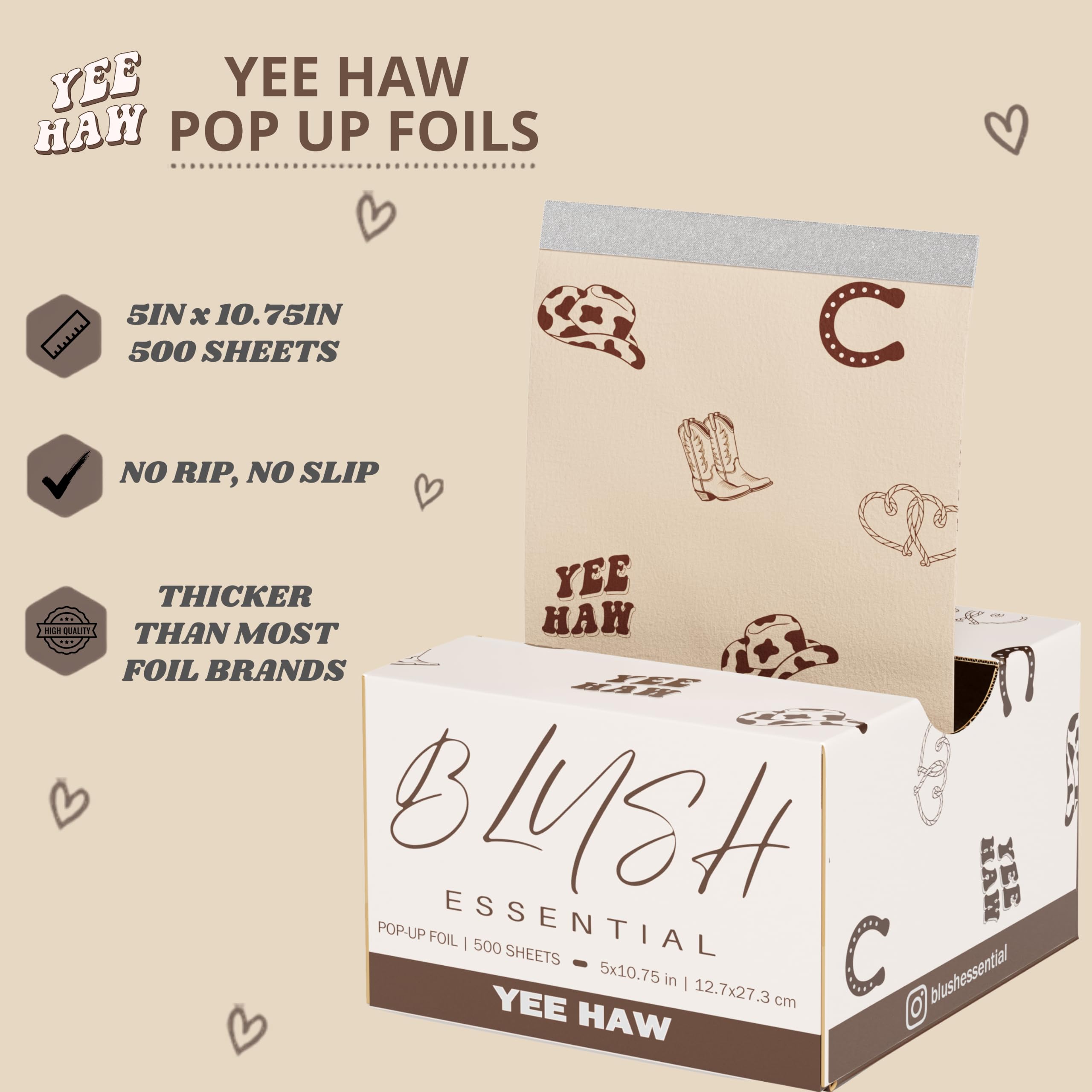 Blush Essential Yee Haw Pop Up Folie do włosów, 12,7 x 27,3 cm, wstępnie wycięte, wytłaczane folie aluminiowe do podkreślenia, 500 arkuszy, profesjonalne folie do salonu, bez rozdarcia, bez poślizgu