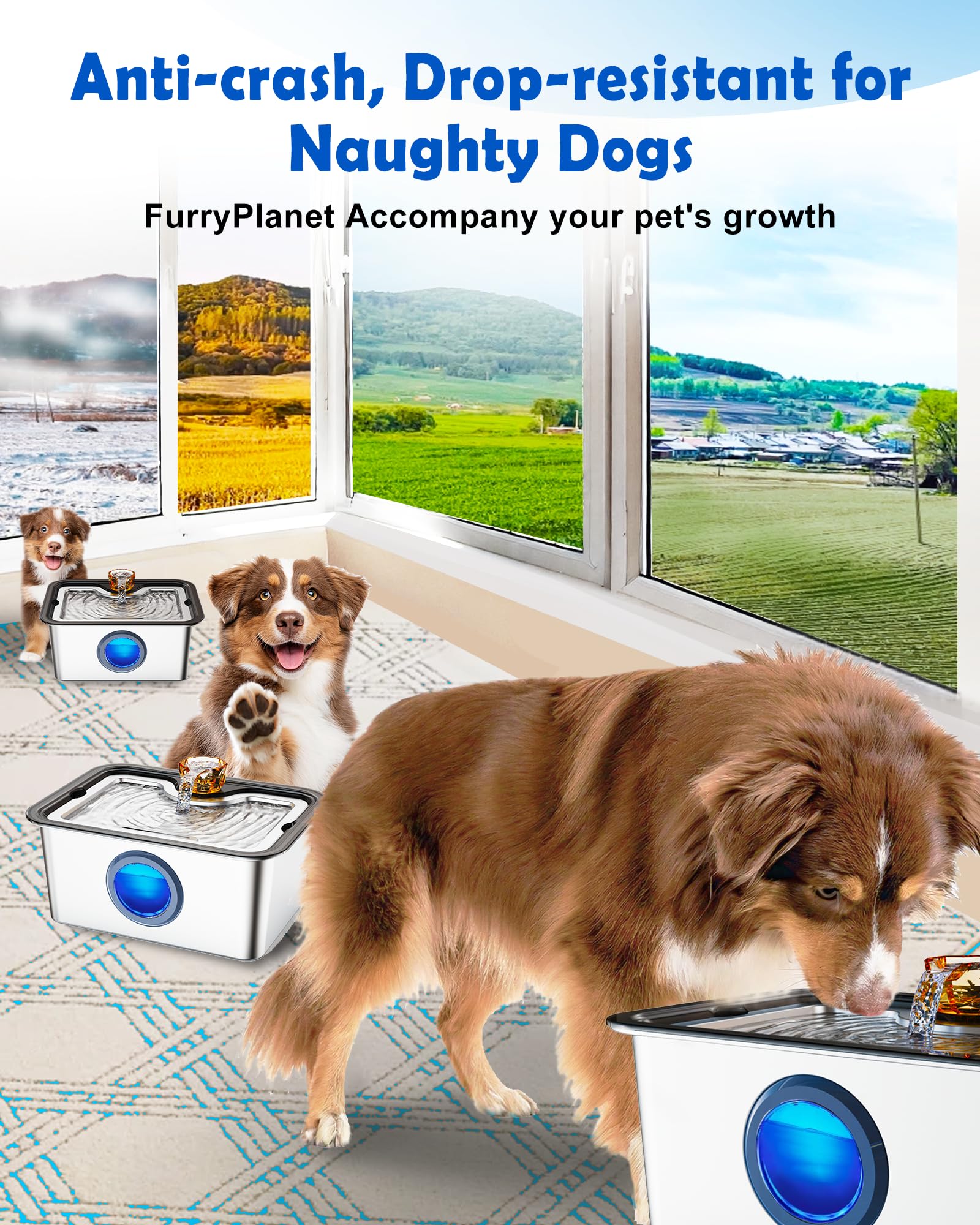 Fuente de agua grande para perros SS304, dispensador de bebidas para mascotas de 12 L con ventana visual, amplia zona de beber, filtro de purificación profunda, estructura de triple cascada, indicador