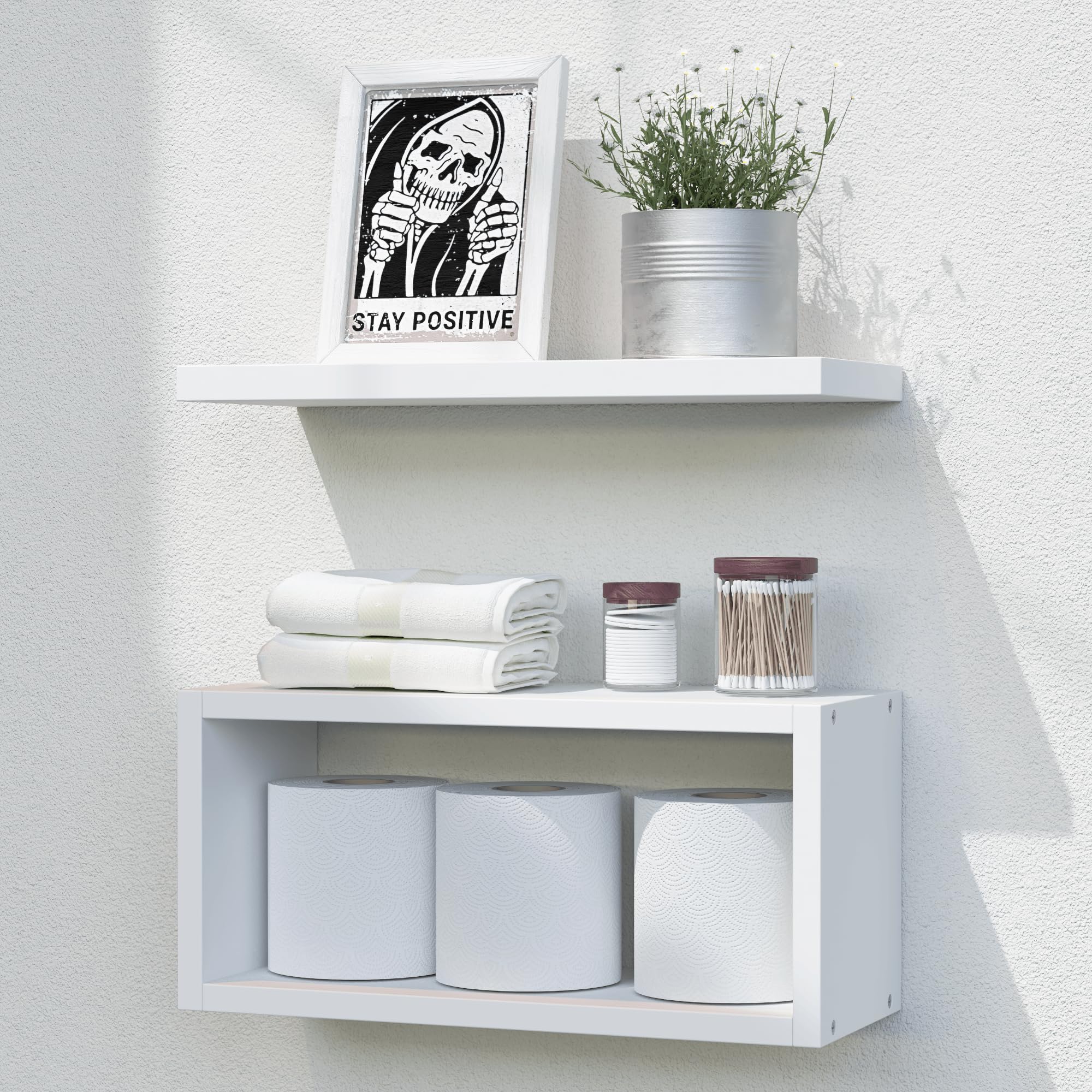 RICHER HOUSE Floating Shelves Bathroom, White Floating Shelves for Wall, Above Toilet Bathroom Shelves, Wall Mounted Hanging Shelves for Bedroom,