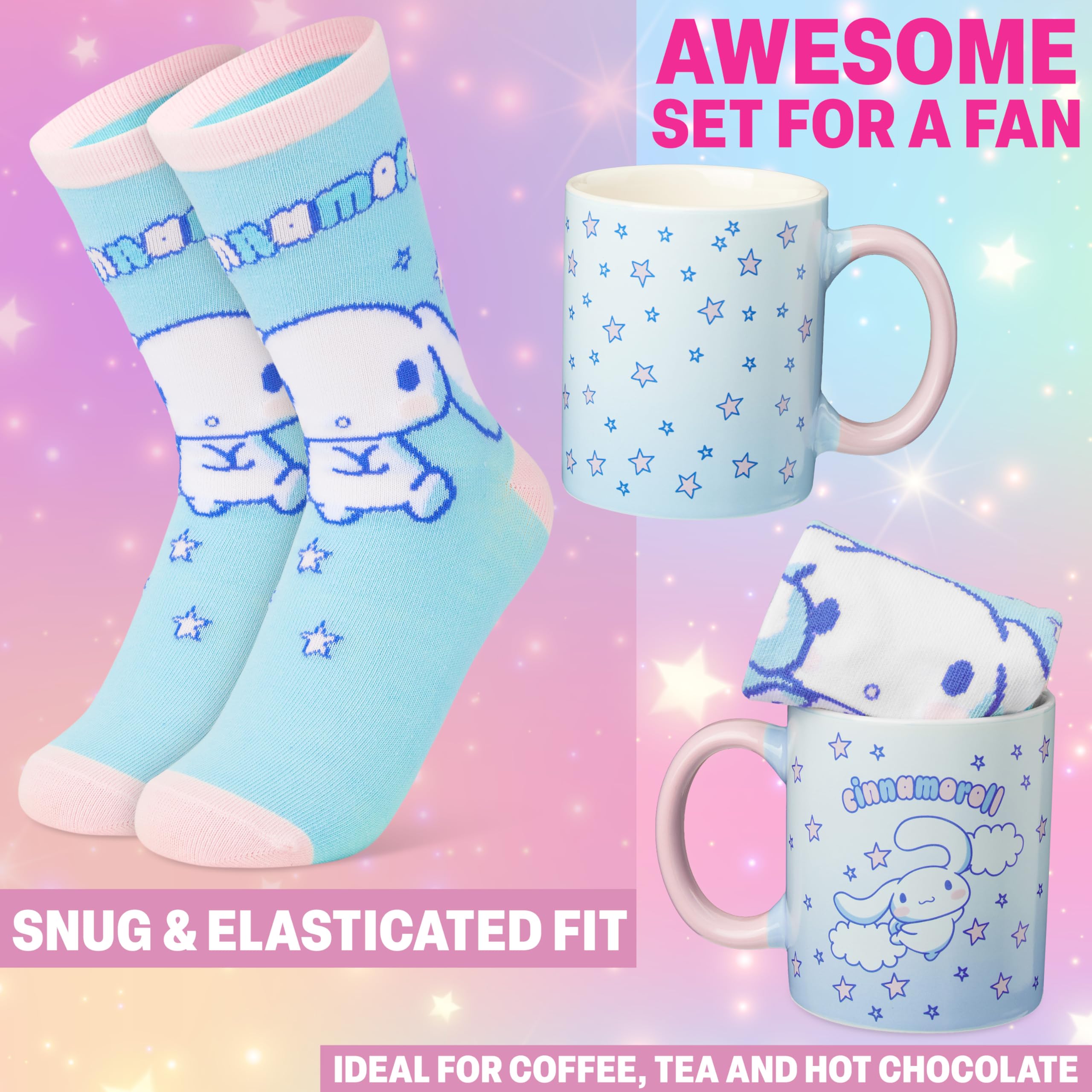 Get Trend Hello Kitty Cinnamoroll Tasse und Socken Damen Teens, 340ml/11.5oz Keramik Kaffeebecher, Weich Kuschelsocken 36–41 Größe, Sanrio Geschenke für Frauen (Blau Cinnamoroll)