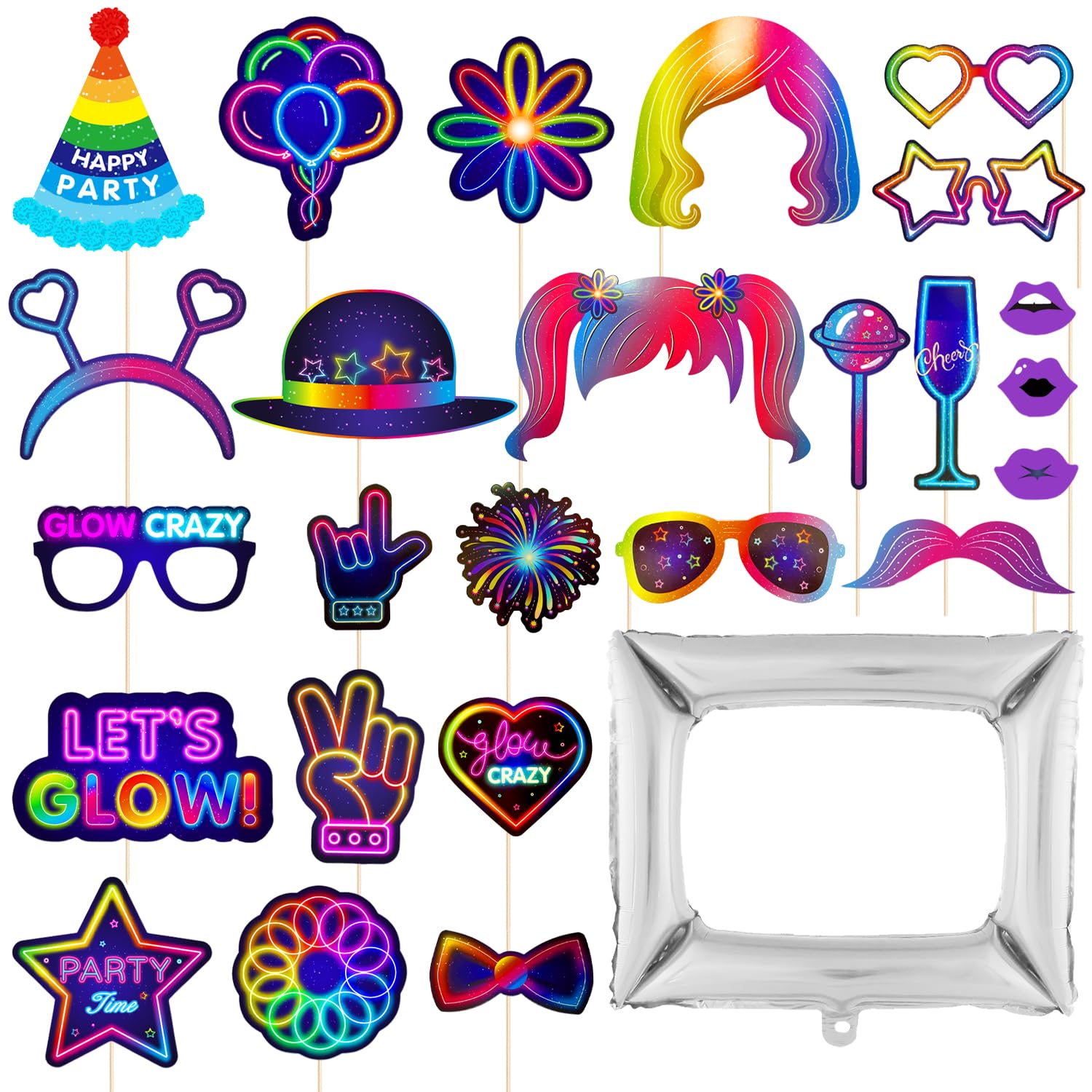 25pcs Photo Booth Props, 1pc Photo Frame Balloons, Neon Patterns, Fun Selfie Props, Party Decorations, Party Accessories Decorations, Party Supplies, Birthday Props