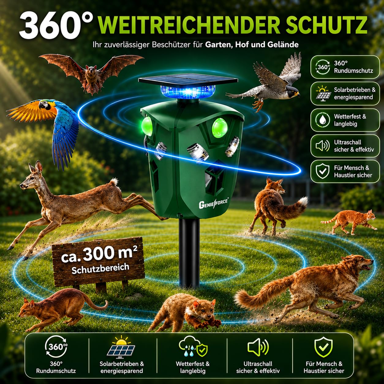 Genieforce® Combat+ Smart 360° ultradźwiękowy odstraszacz zwierząt, odstraszacz zwierząt, ochrona przed kotami, psami, kunami, lisami, ptakami, gryzoniami, wodoszczelny, solarny, 2200 mAh, inteligentne czujniki PIR, GF-EM-75